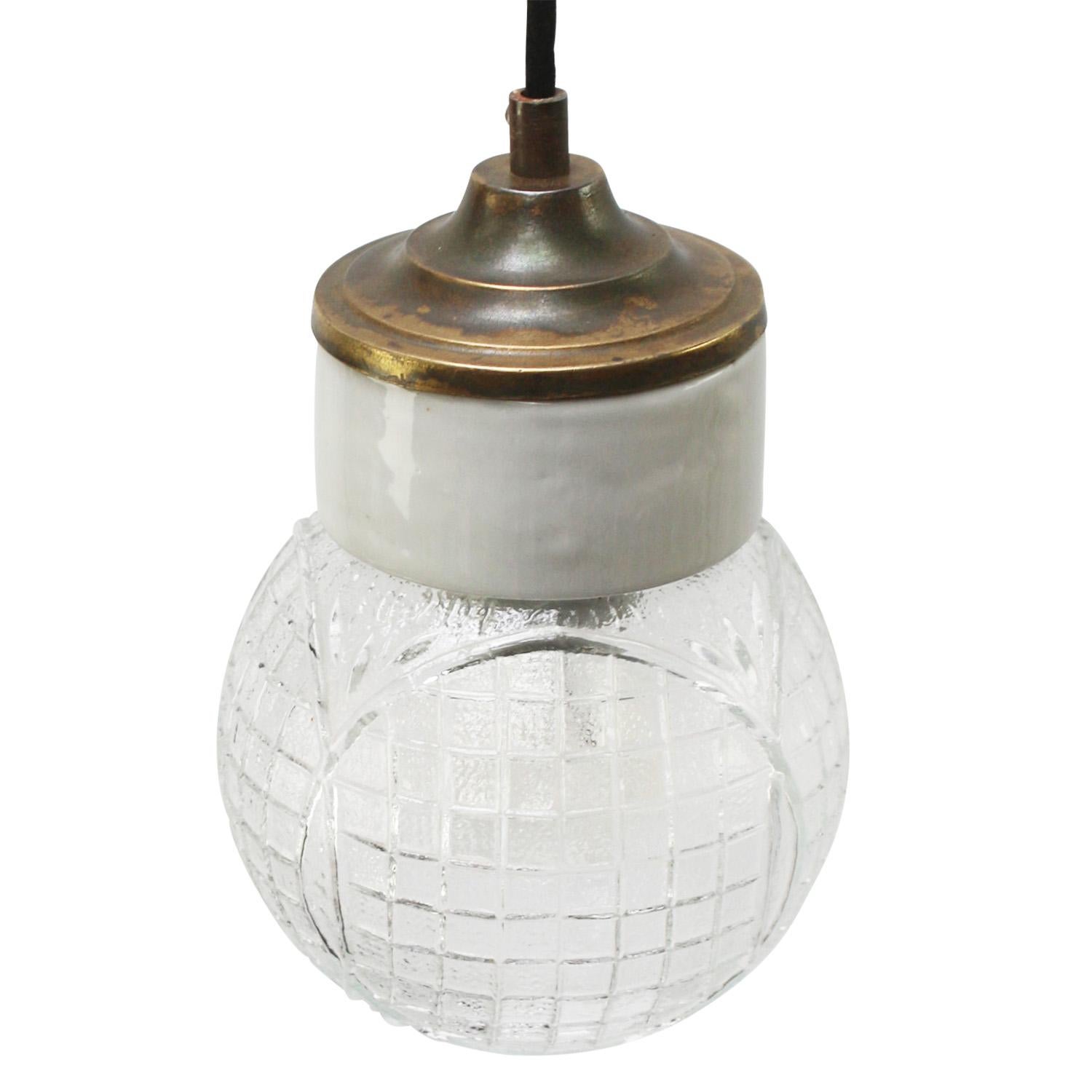 Dutch White Porcelain Clear Glass Vintage Industrial Brass Pendant Lights For Sale