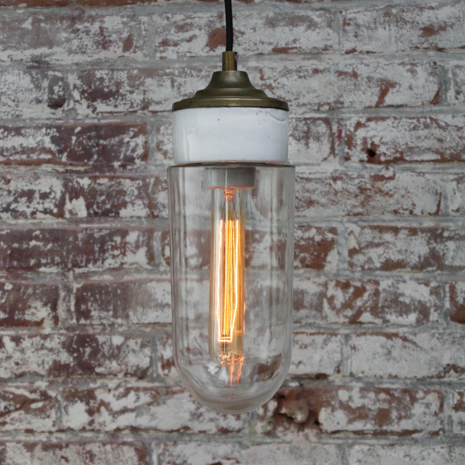 White Porcelain Clear Glass Vintage Industrial Brass Pendant Lights In Excellent Condition For Sale In Amsterdam, NL
