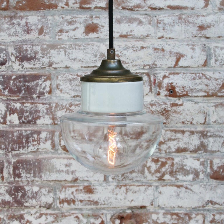White Porcelain Clear Glass Vintage Industrial Brass Pendant Lights In Excellent Condition For Sale In Amsterdam, NL