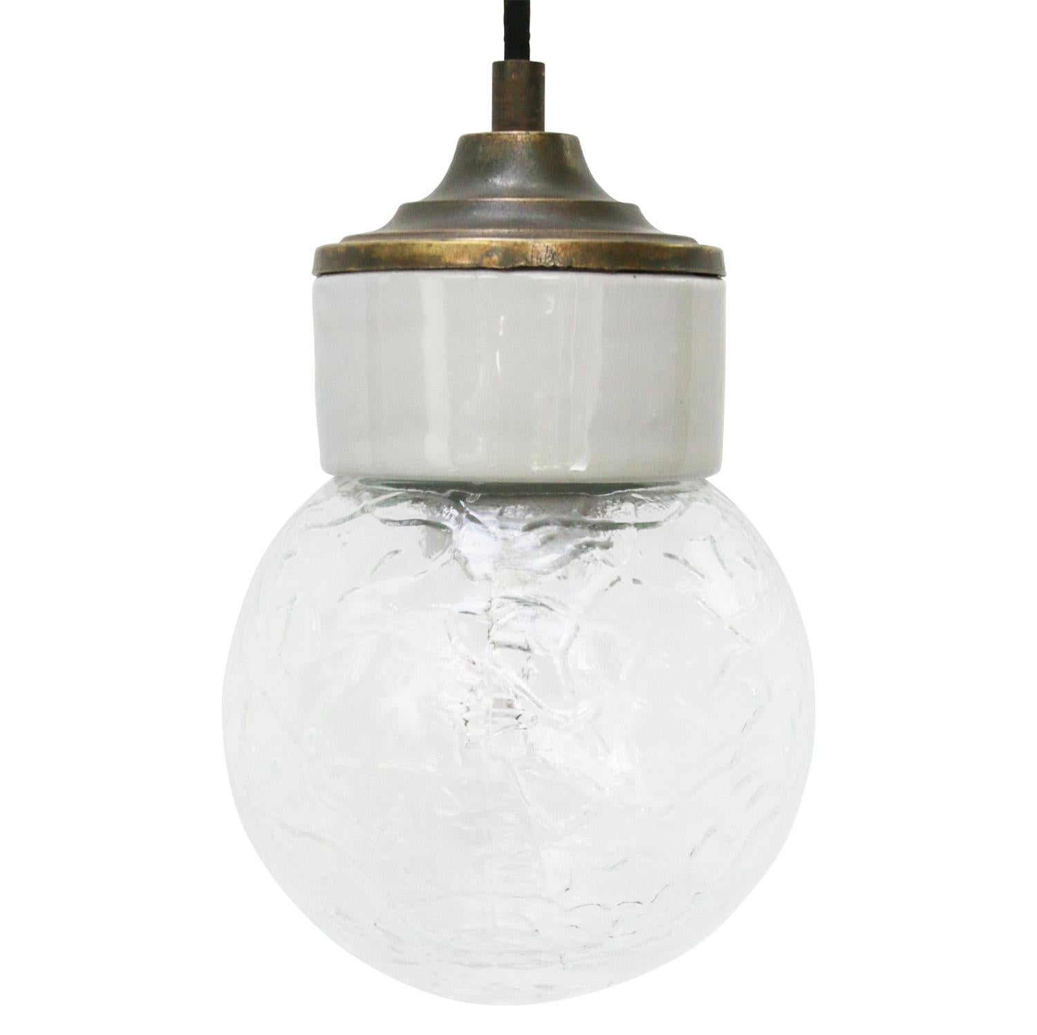 White Porcelain Clear Glass Vintage Industrial Brass Pendant Lights In Good Condition For Sale In Amsterdam, NL
