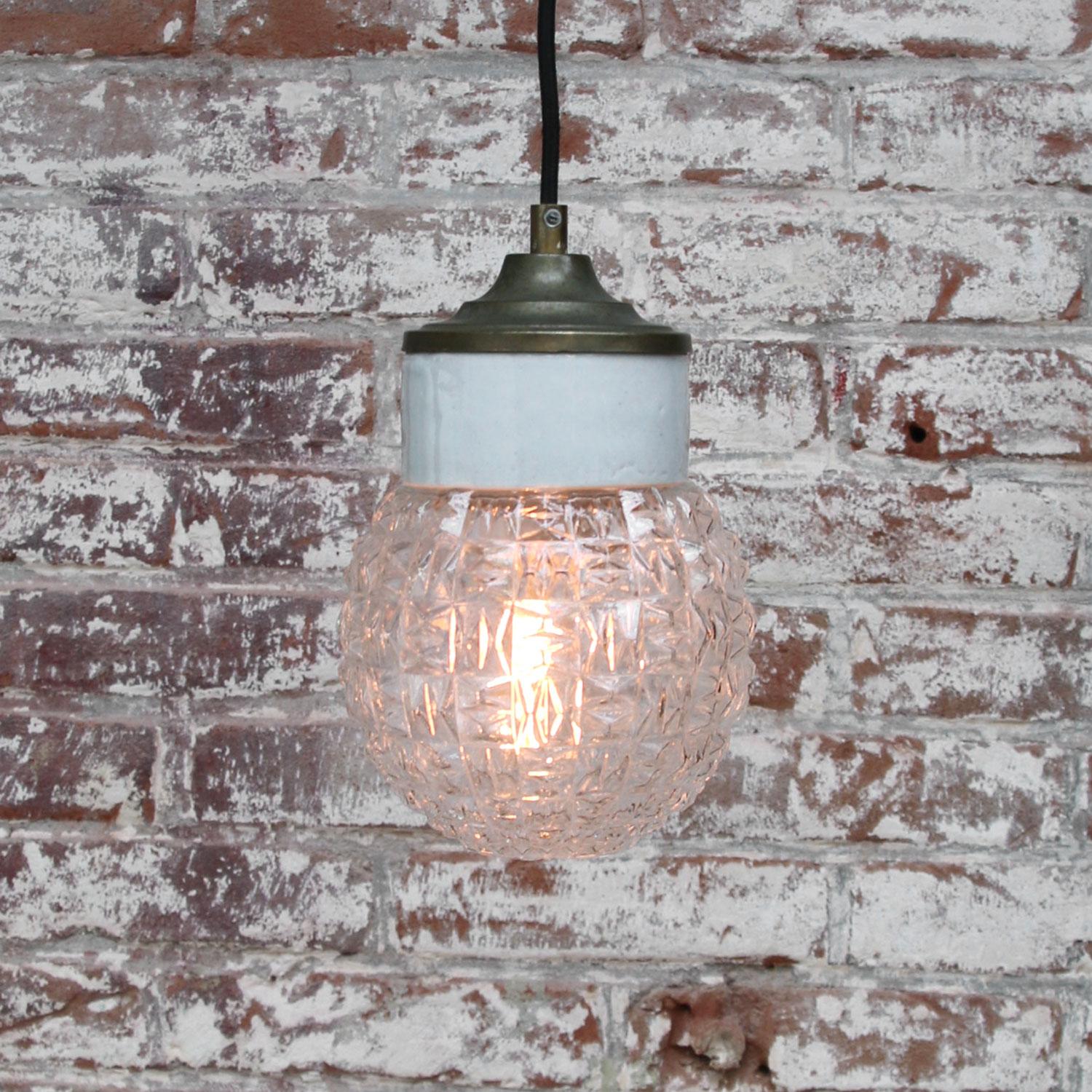 20th Century White Porcelain Clear Glass Vintage Industrial Brass Pendant Lights
