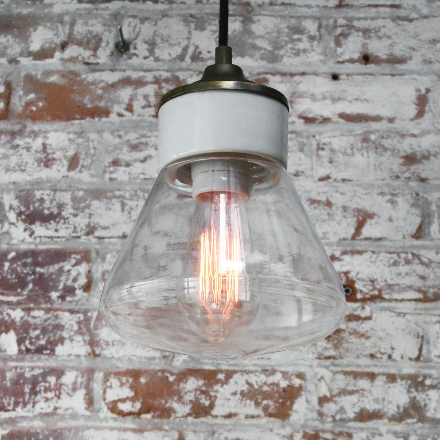 20th Century White Porcelain Clear Glass Vintage Industrial Brass Pendant Lights For Sale