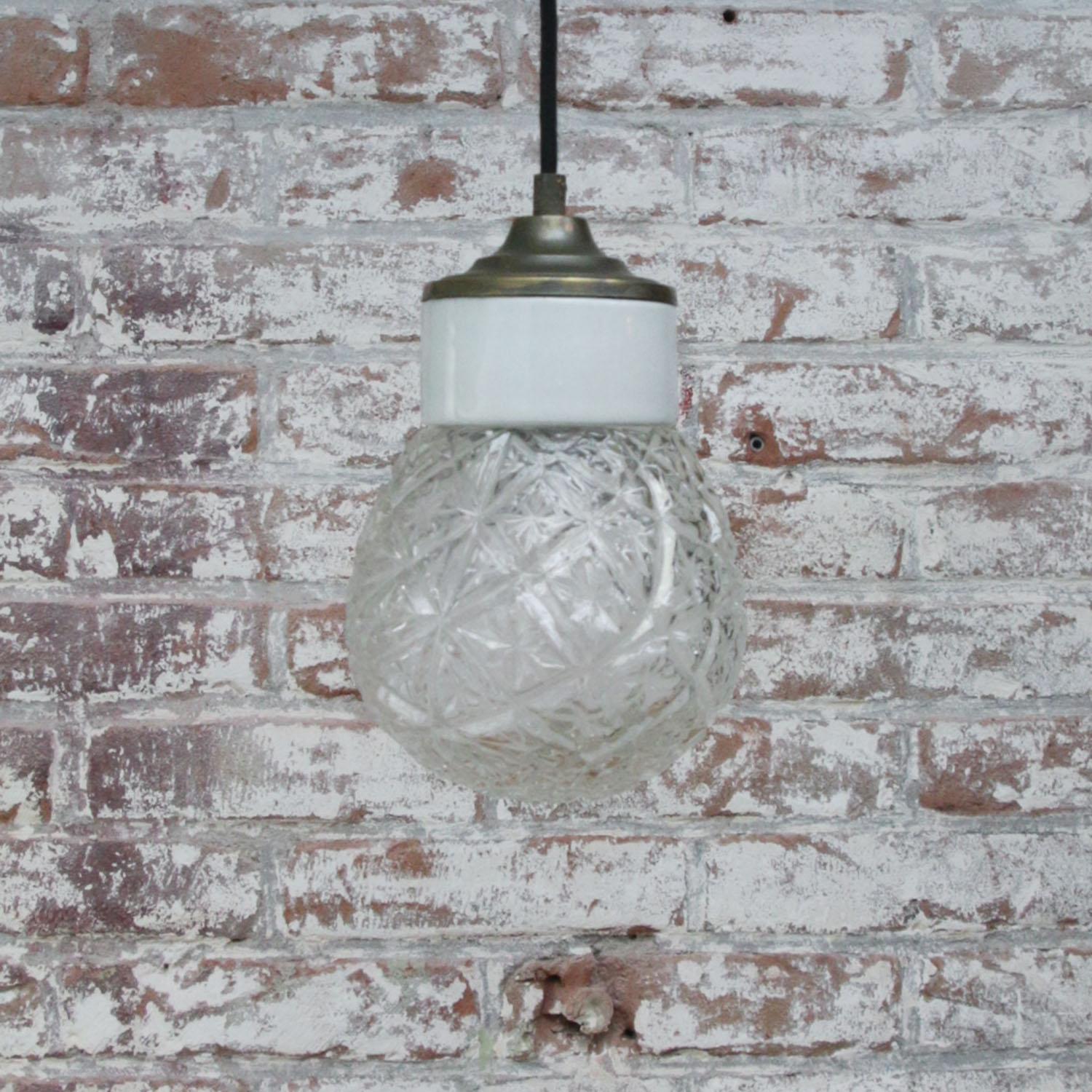 White Porcelain Clear Glass Vintage Industrial Brass Pendant Lights In Good Condition In Amsterdam, NL
