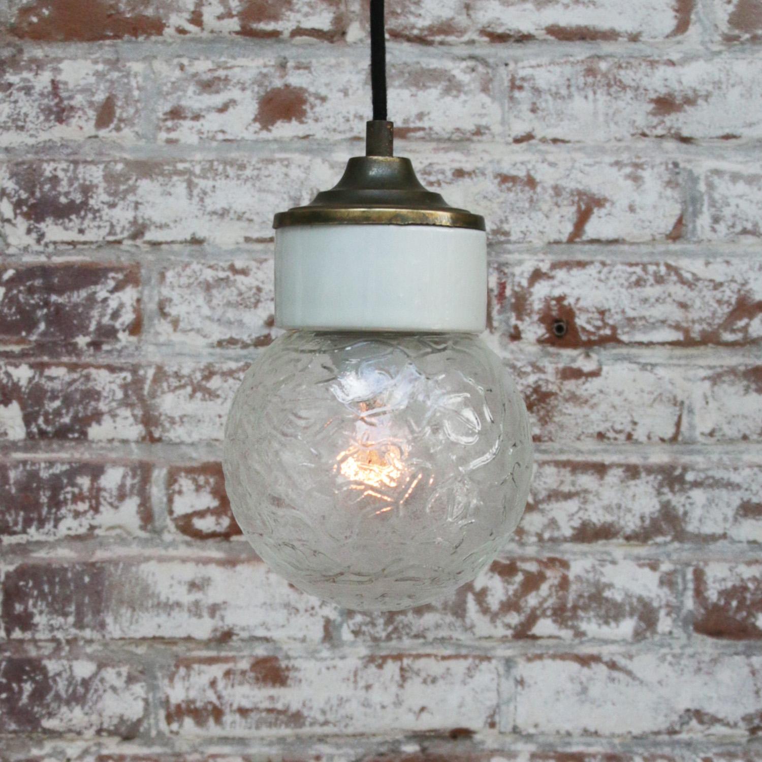 20th Century White Porcelain Clear Glass Vintage Industrial Brass Pendant Lights For Sale