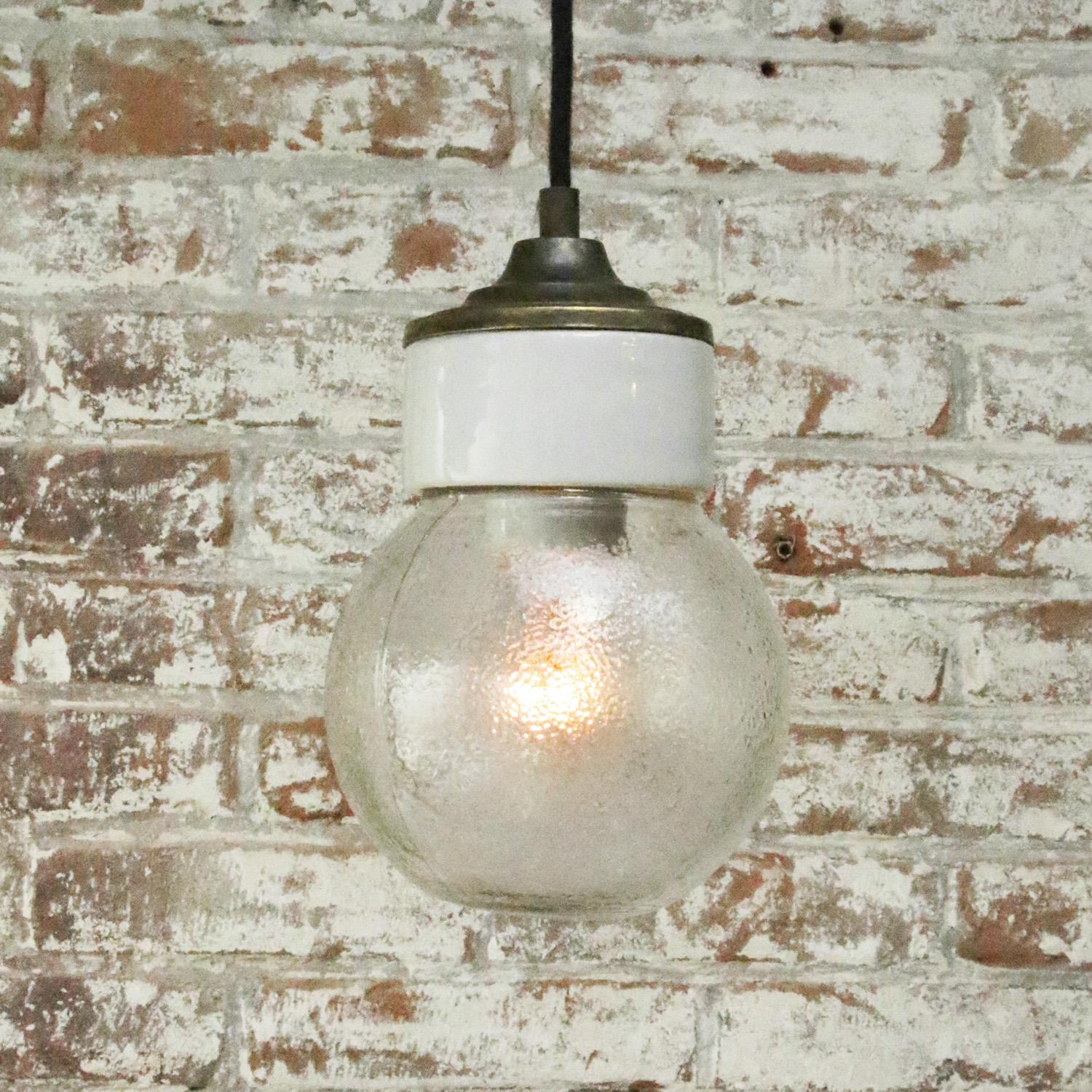 20th Century White Porcelain Clear Glass Vintage Industrial Brass Pendant Lights For Sale