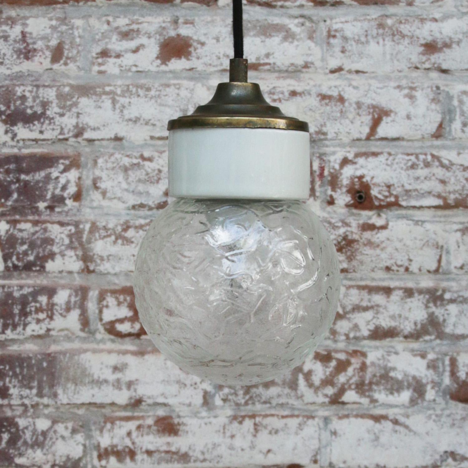 White Porcelain Clear Glass Vintage Industrial Brass Pendant Lights For Sale 1