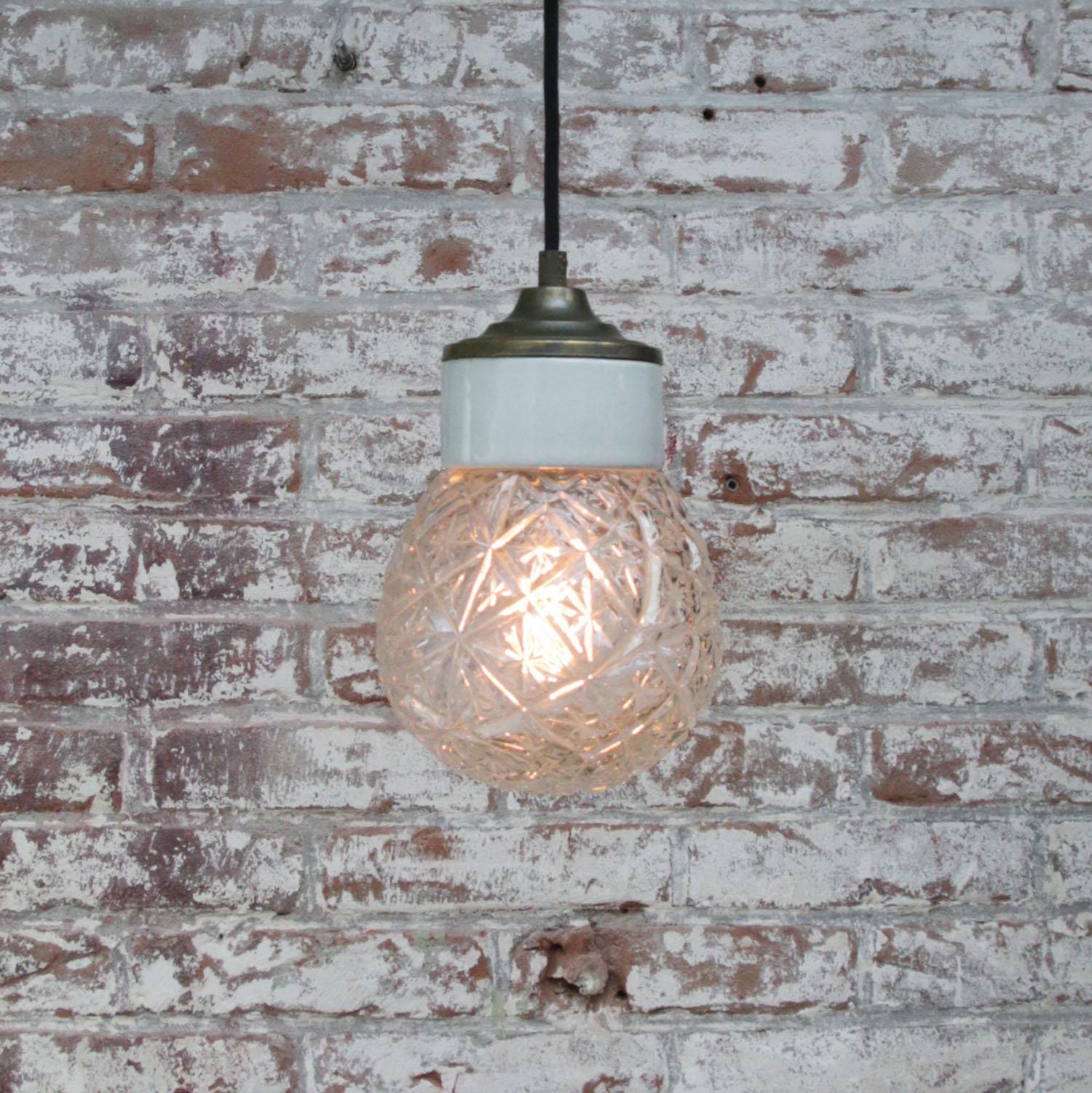 White Porcelain Clear Glass Vintage Industrial Brass Pendant Lights For Sale 1