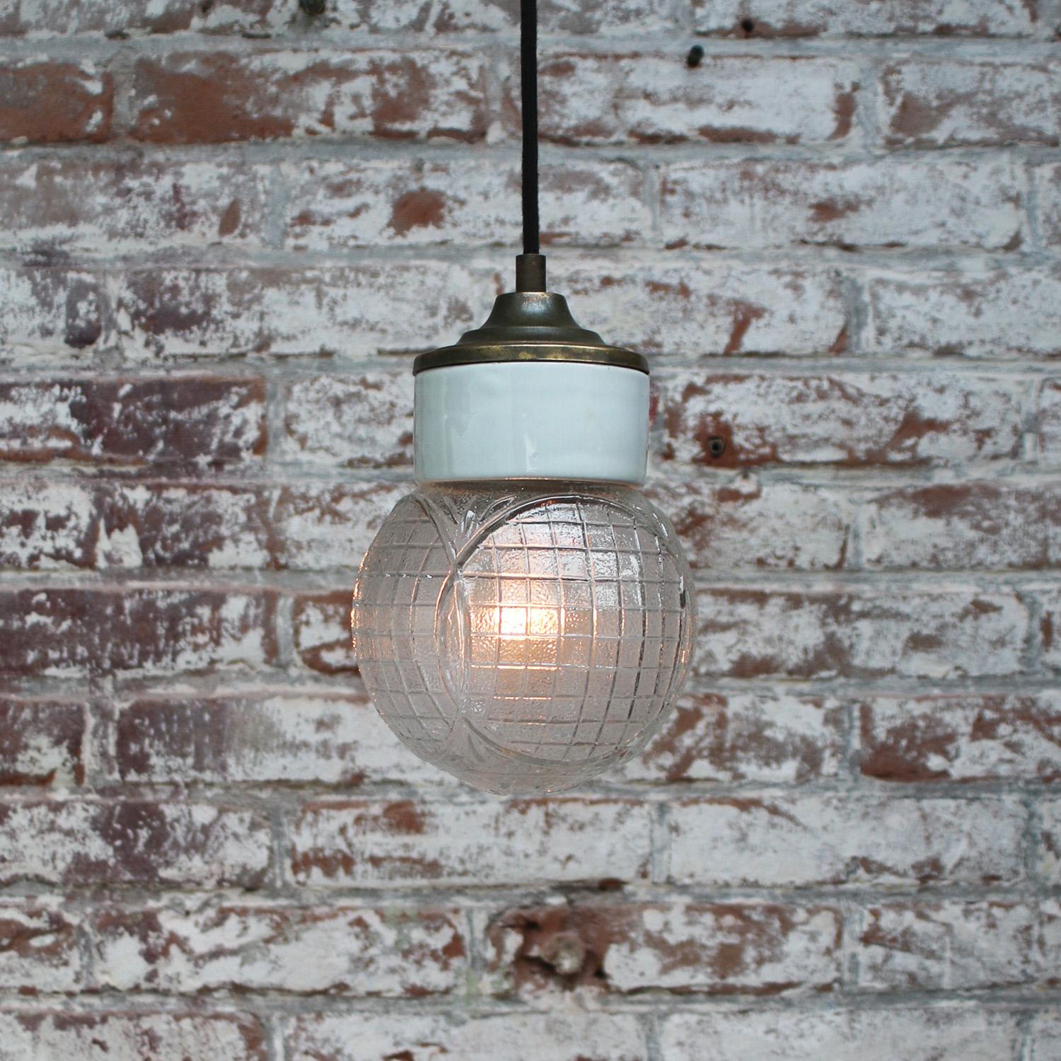 White Porcelain Clear Glass Vintage Industrial Brass Pendant Lights For Sale 1