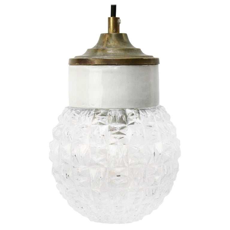 White Porcelain Clear Glass Vintage Industrial Brass Pendant Lights For Sale