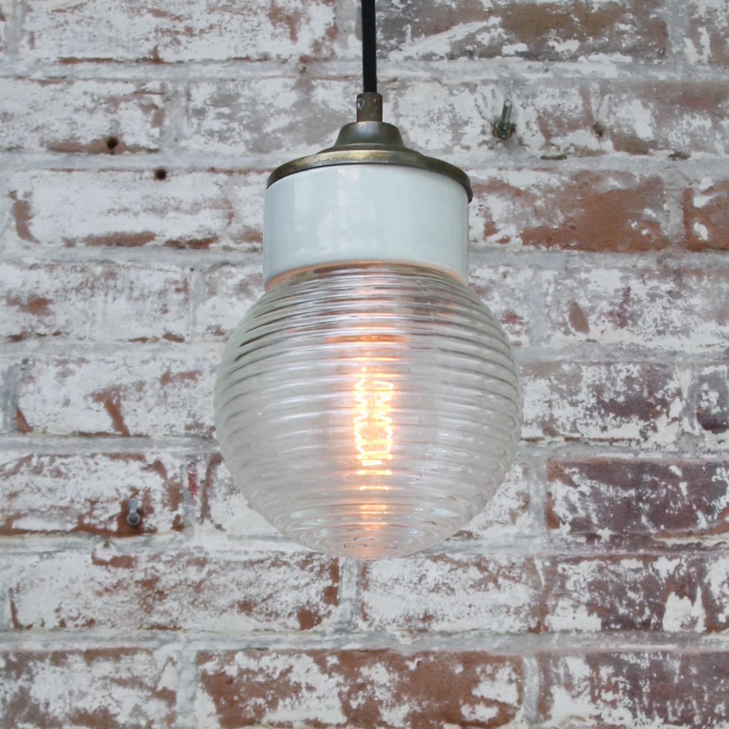 White Porcelain Clear Ribbed Glass Vintage Industrial Brass Pendant Lights In Good Condition In Amsterdam, NL