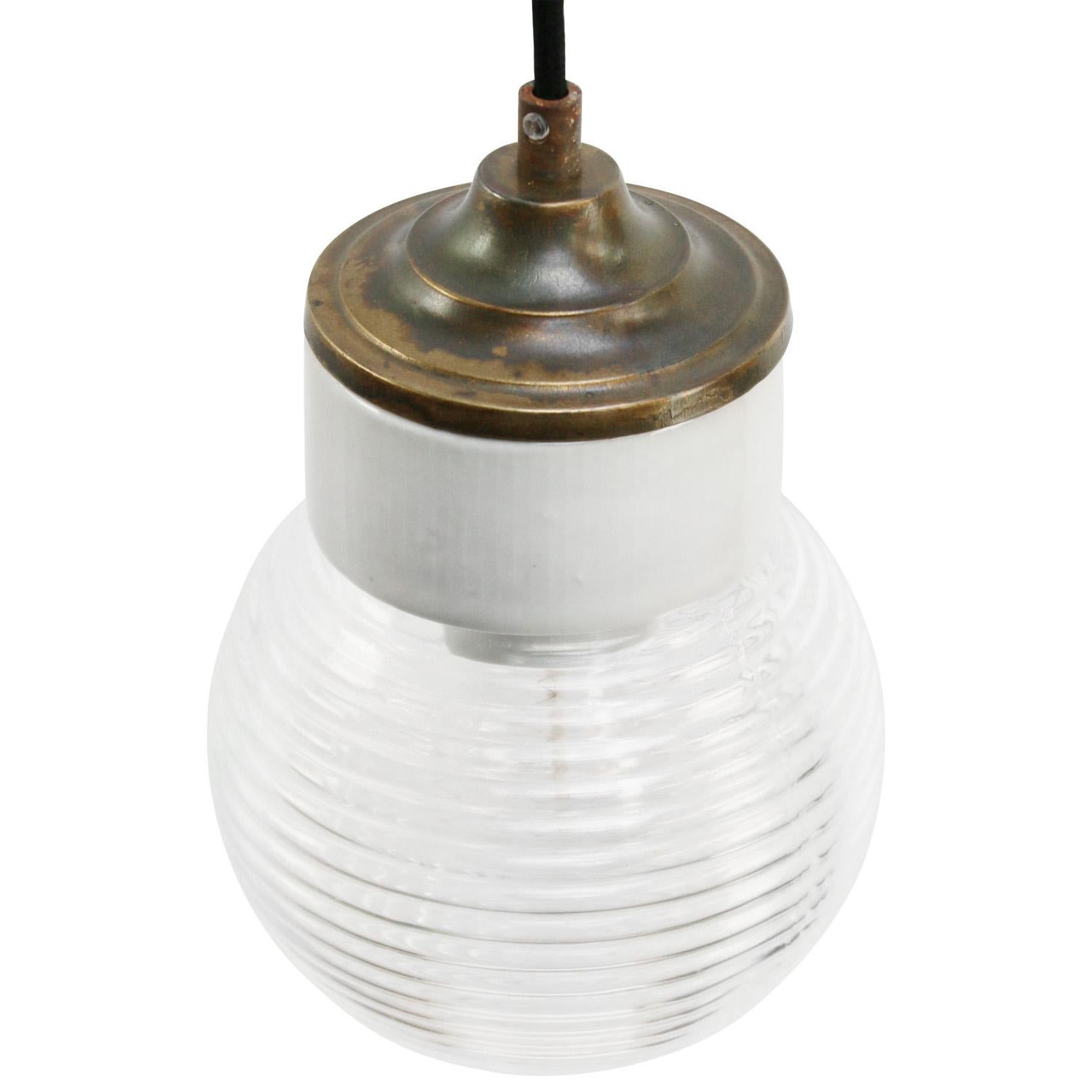 20th Century White Porcelain Clear Ribbed Glass Vintage Industrial Brass Pendant Lights