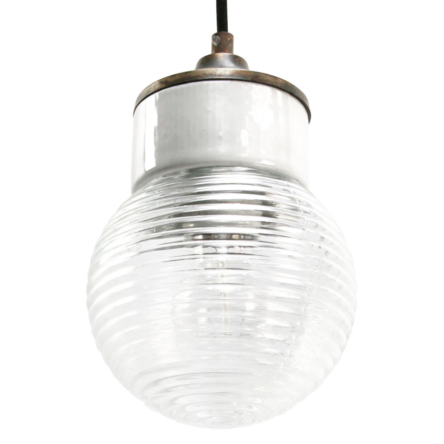 White Porcelain Clear Ribbed Glass Vintage Industrial Brass Pendant Lights 1