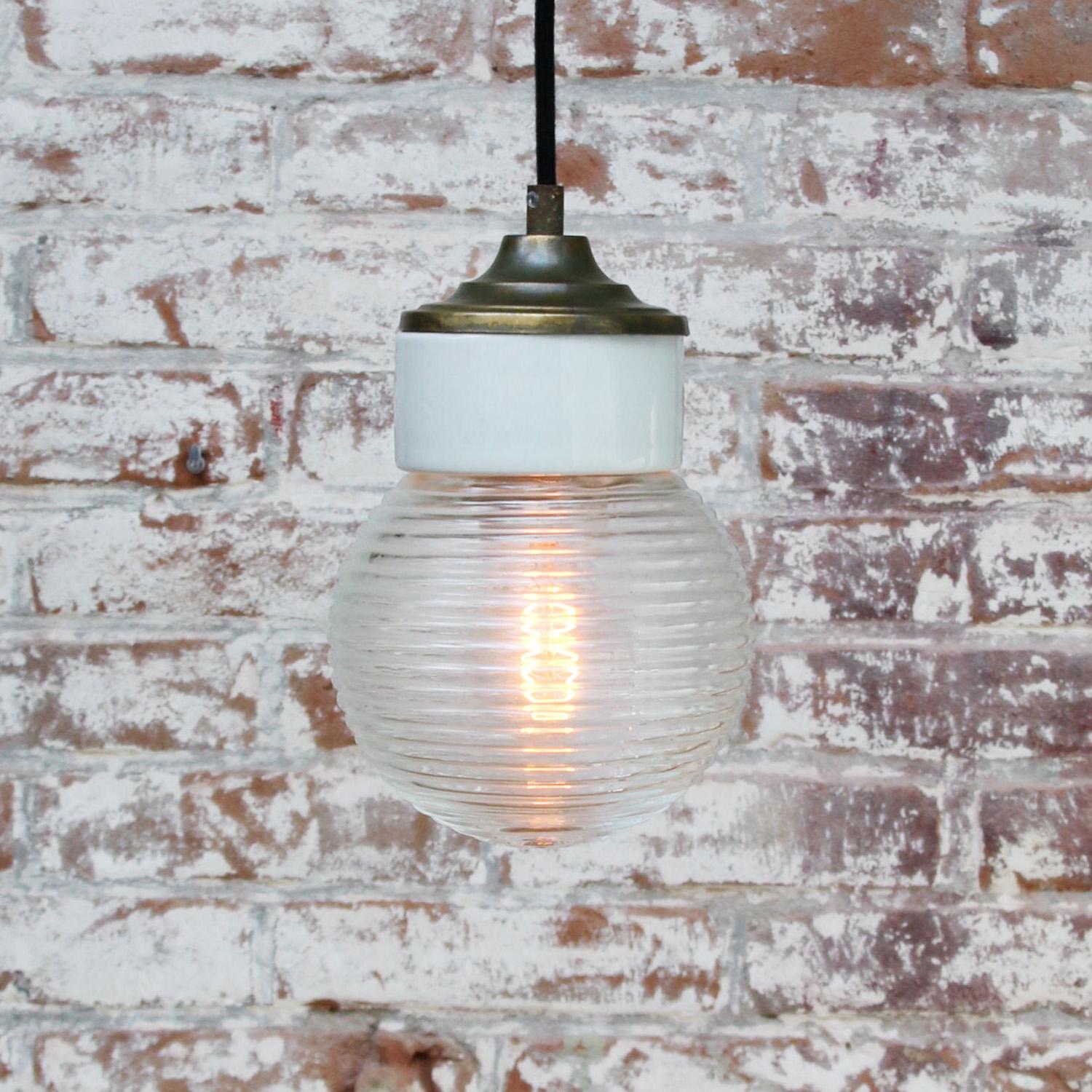 White Porcelain Clear Ribbed Glass Vintage Industrial Brass Pendant Lights 2