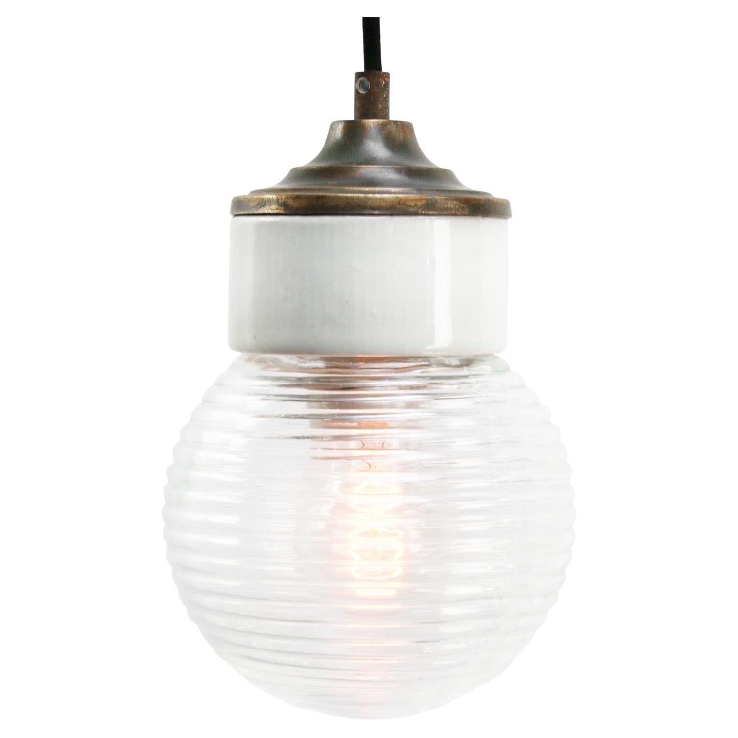 White Porcelain Clear Ribbed Glass Vintage Industrial Brass Pendant Lights