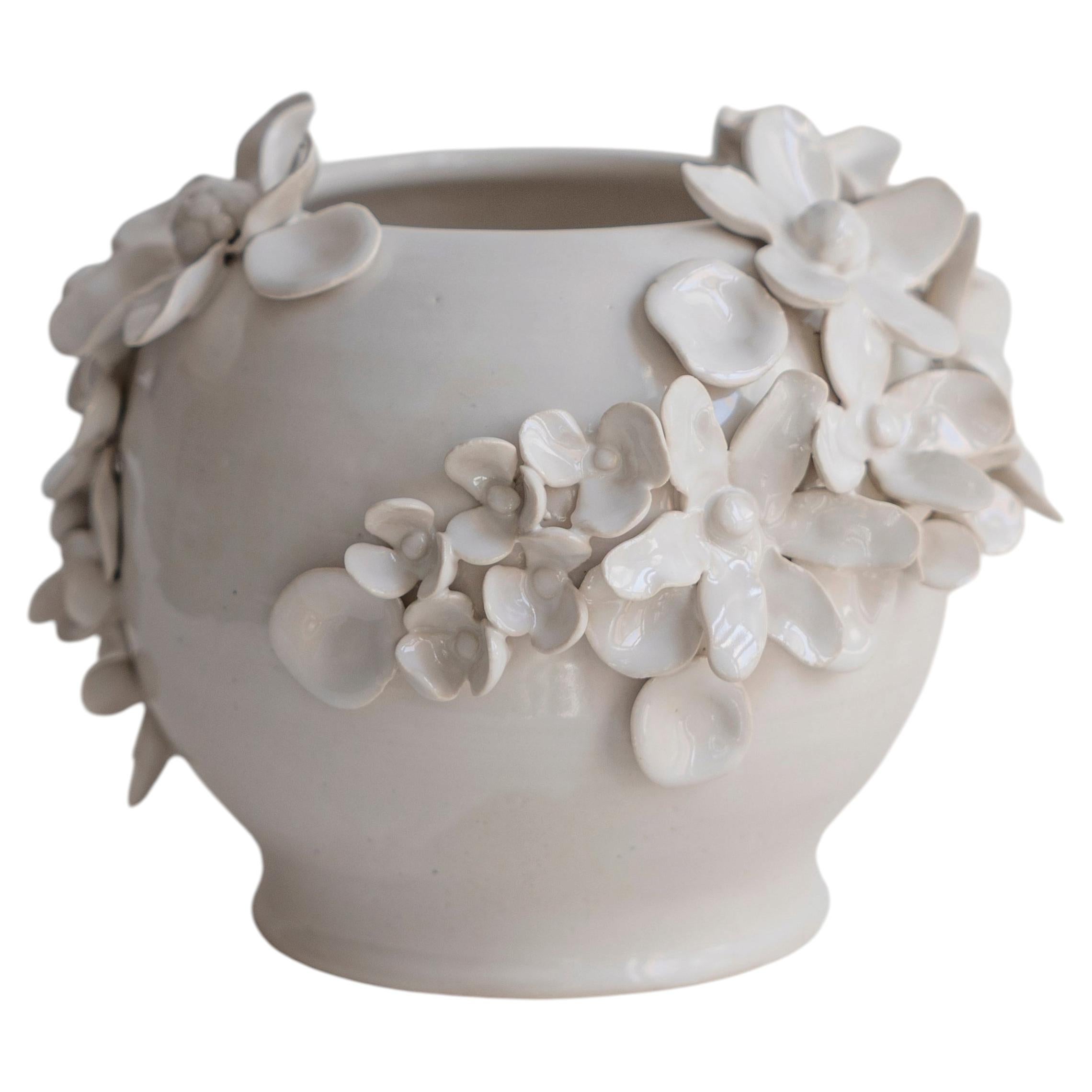 Handmade Ellery White Porcelain Orchid Vessel, Appliqué Floral Design, New