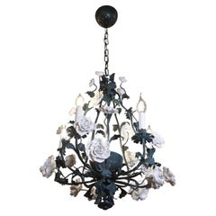 White Porcelain Flowers Verdigris 6 Light Chandelier