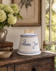 Late 20th Century French “Bone Jour” Porcelain Dog Treat Jar with Lid
