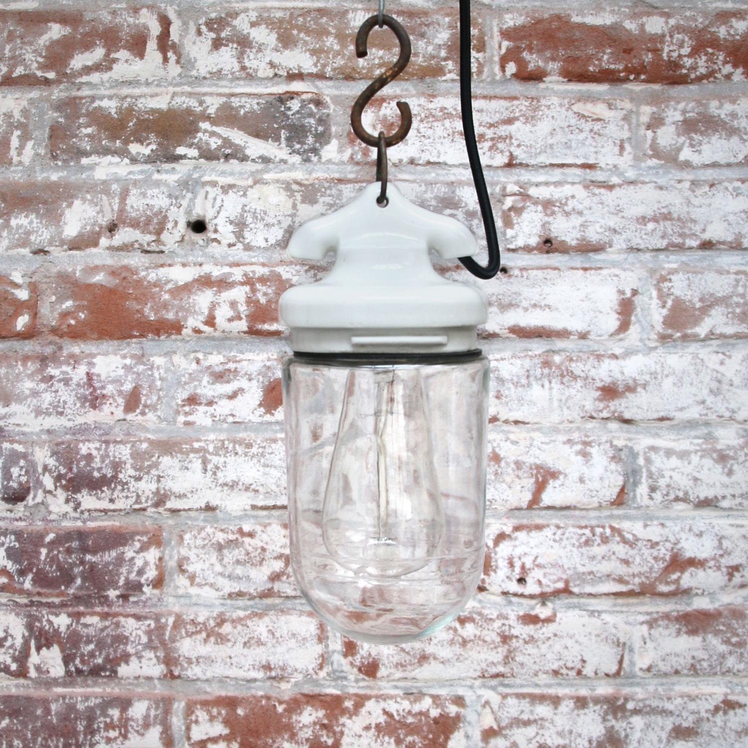 White Porcelain French Vintage Industrial Clear Glass Pendant Light In Good Condition In Amsterdam, NL