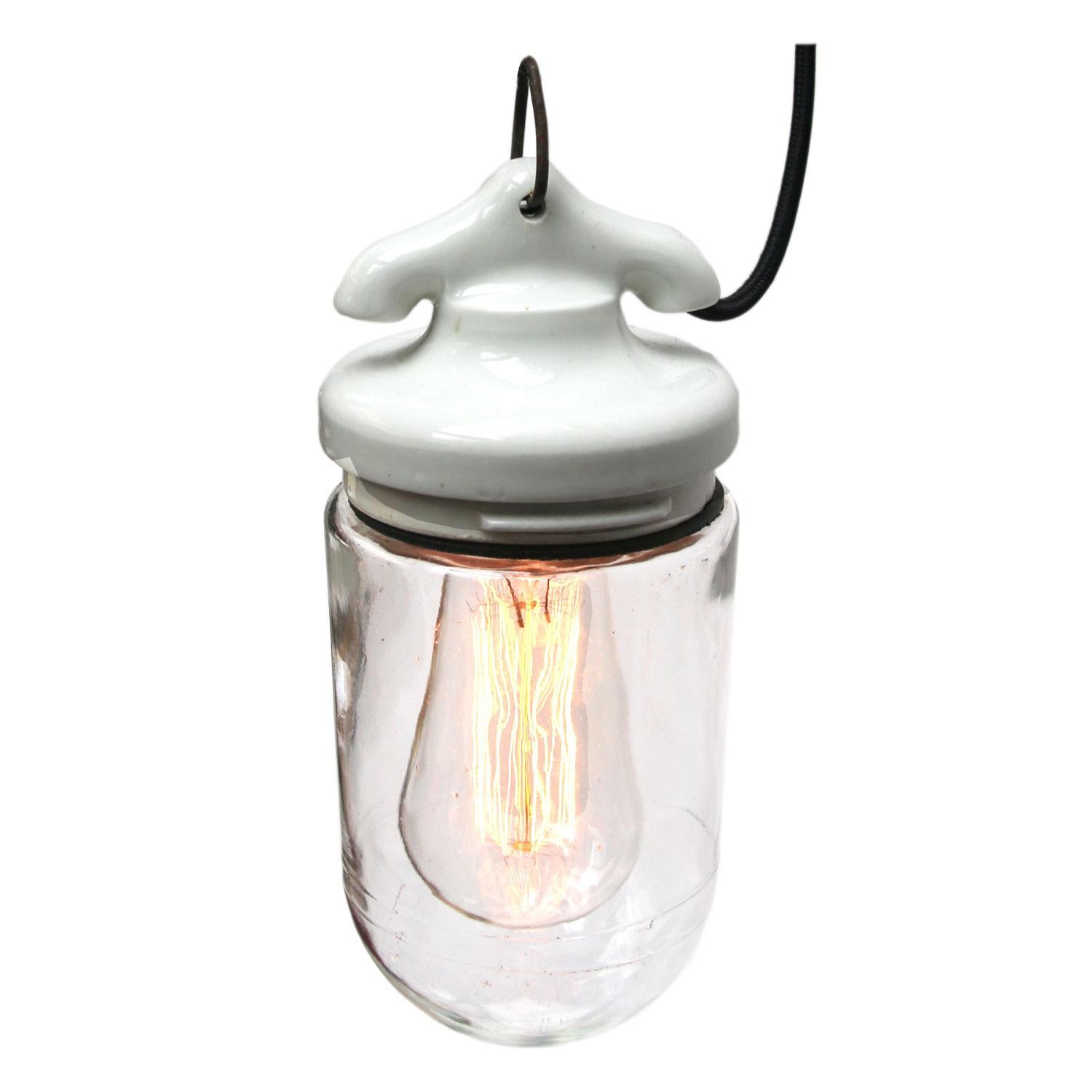 20th Century White Porcelain French Vintage Industrial Clear Glass Pendant Light
