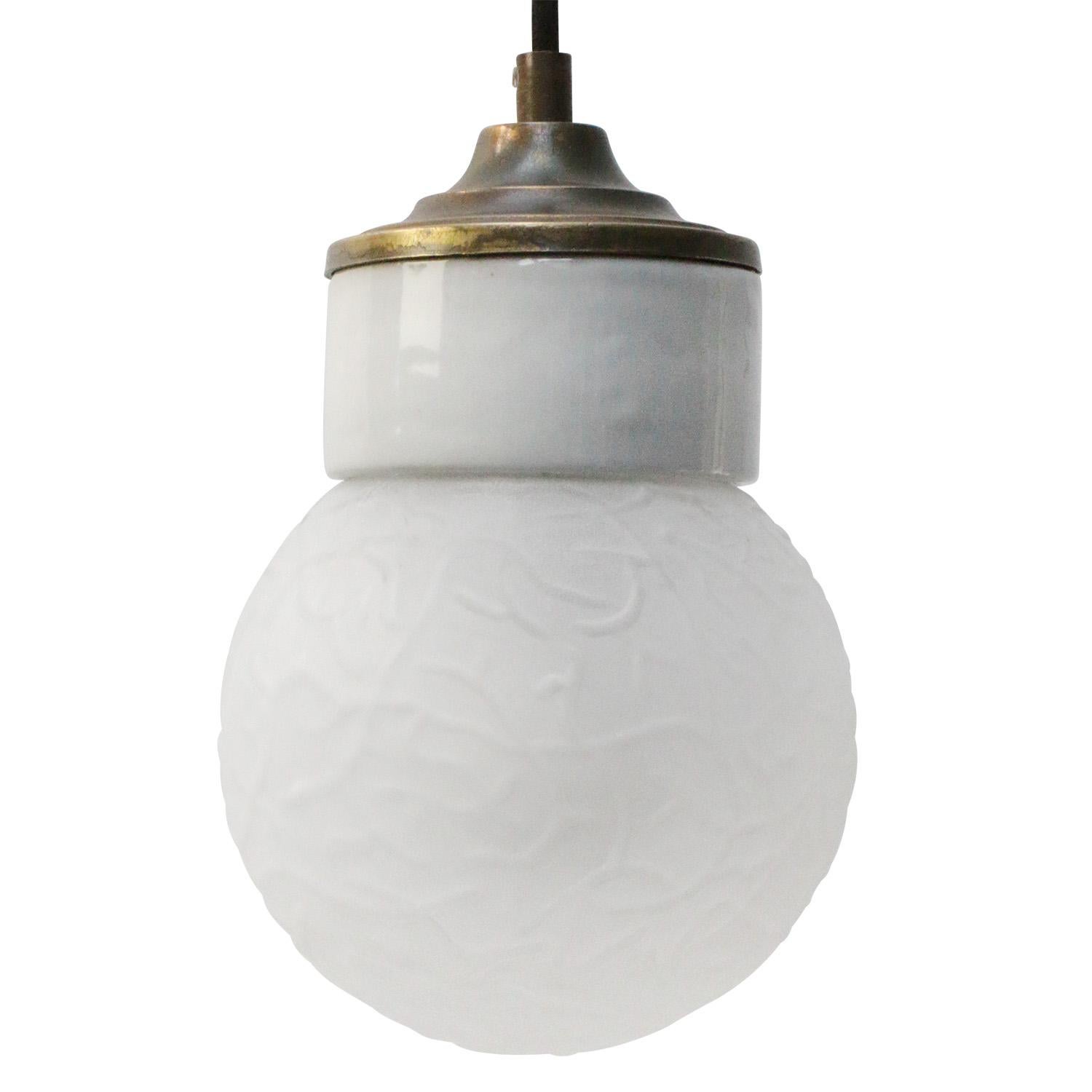 Porcelain industrial hanging lamp.
White porcelain, brass and frosted texture glass.
2 conductors, no ground.

Weight: 1.20 kg / 2.6 lb

Priced per individual item. All lamps have been made suitable by international standards for incandescent light