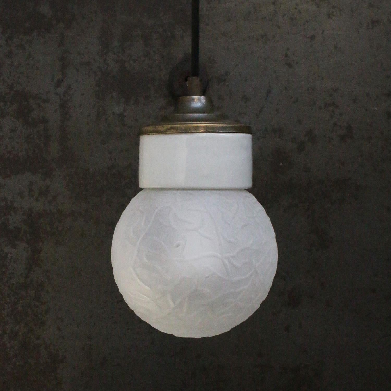 Industrial White Porcelain Frosted Glass Vintage Brass Pendant Lights For Sale