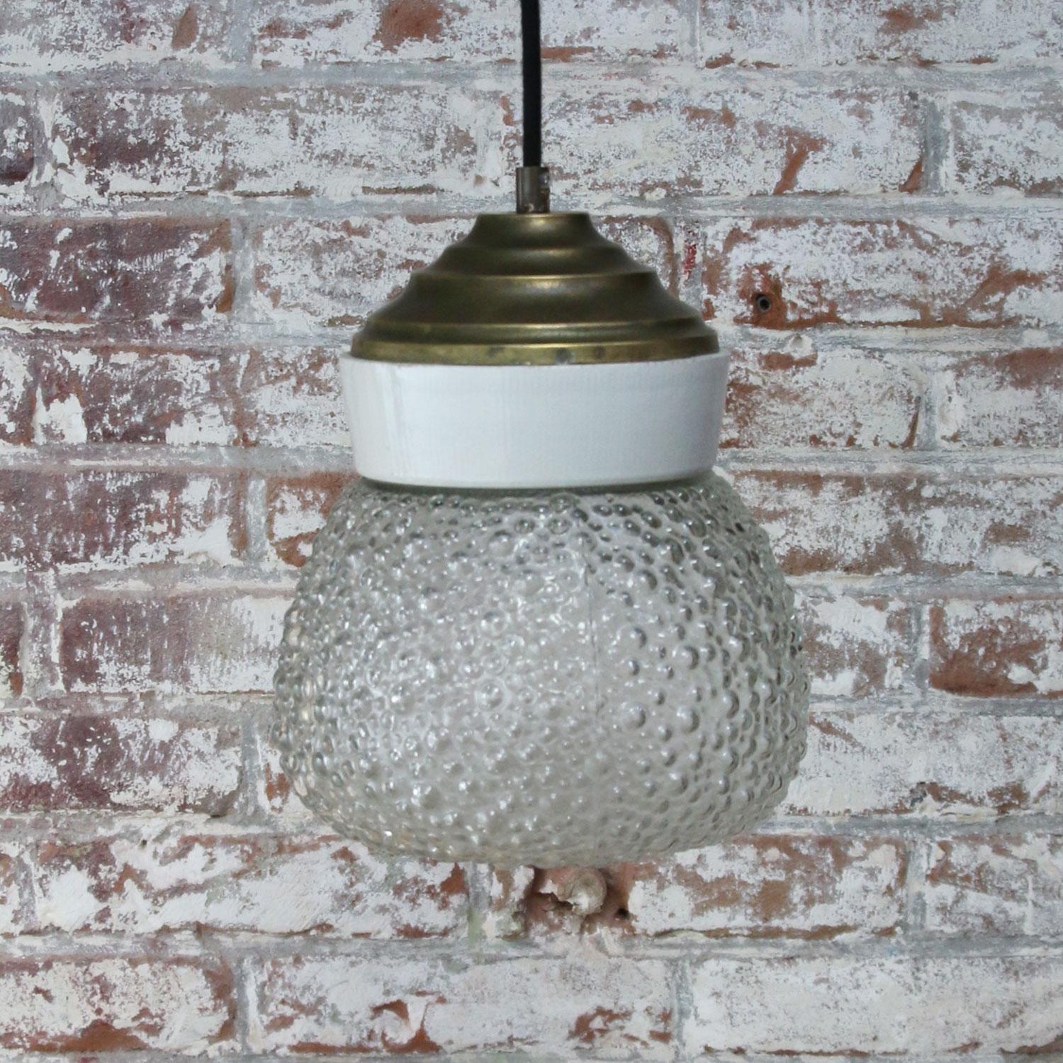 White Porcelain Frosted Glass Vintage Brass Pendant Lights In Good Condition In Amsterdam, NL