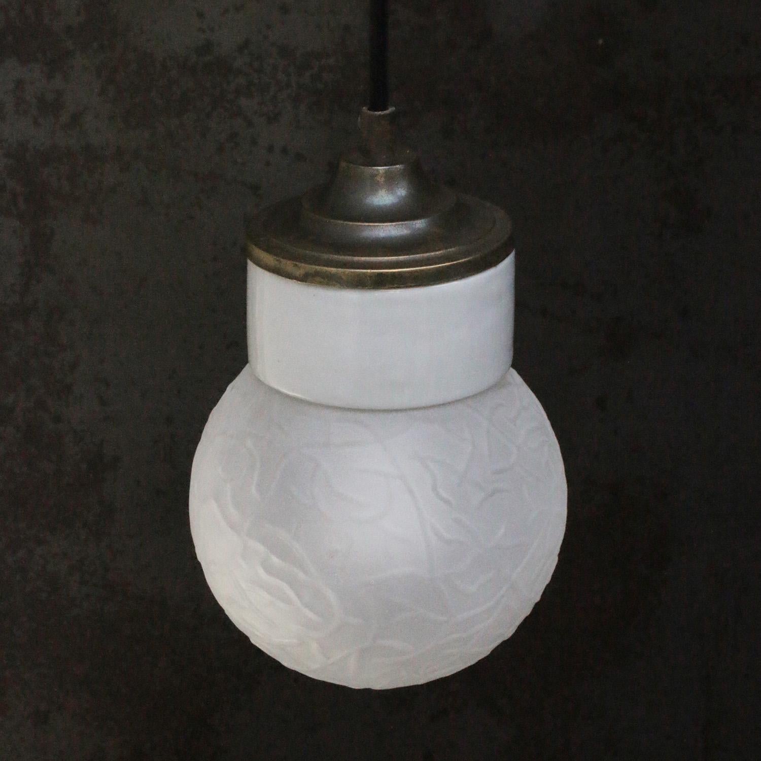 White Porcelain Frosted Glass Vintage Brass Pendant Lights In Good Condition For Sale In Amsterdam, NL