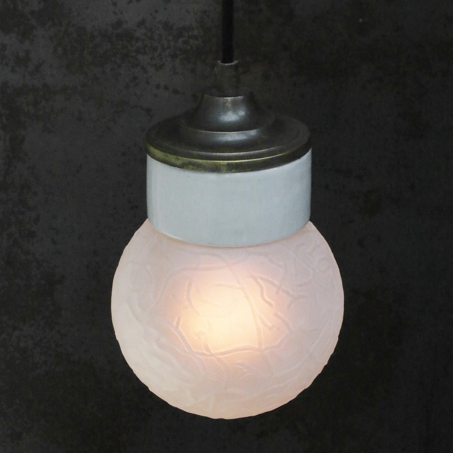 20th Century White Porcelain Frosted Glass Vintage Brass Pendant Lights For Sale