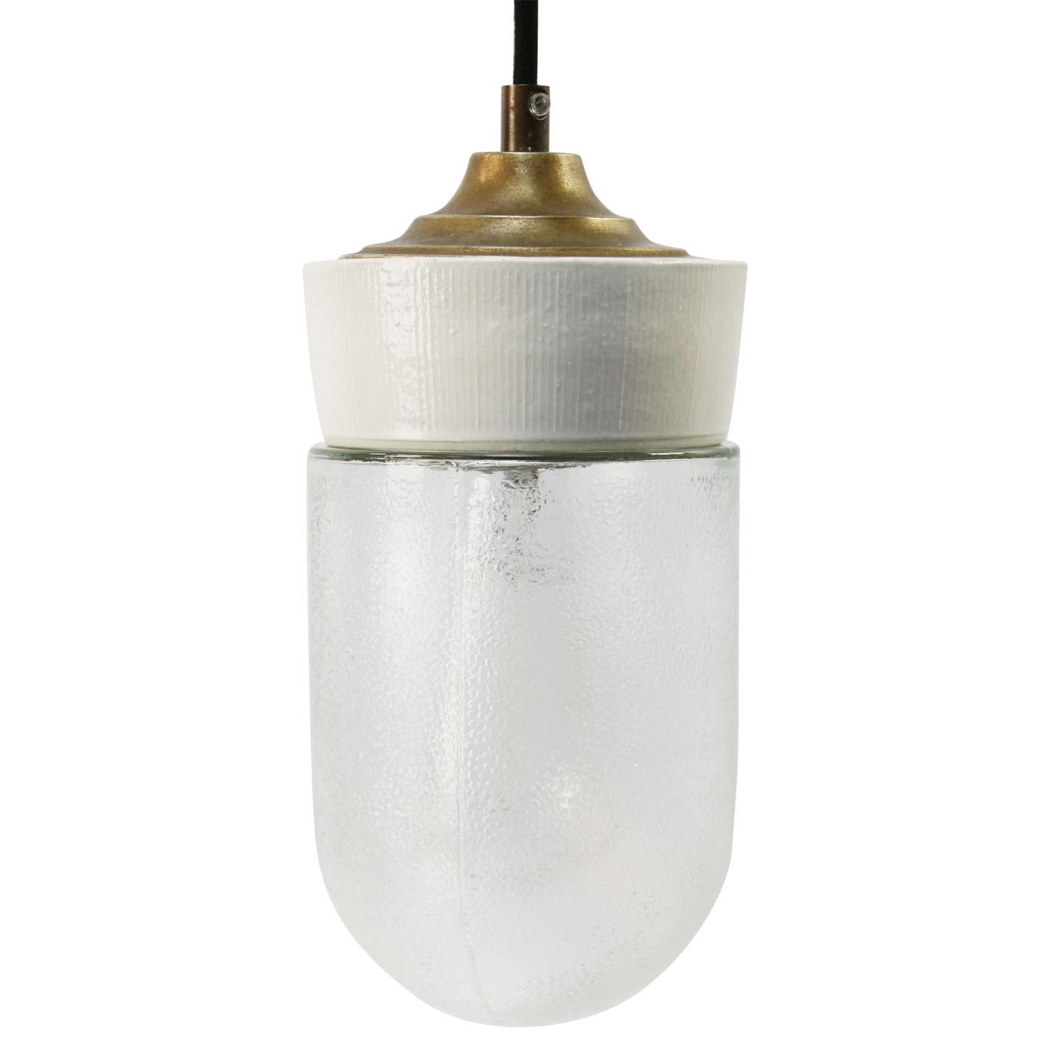 Porcelain industrial hanging lamp.
White porcelain, brass and frosted glass.
2 conductors, no ground.

Weight: 2.00 kg / 4.4 lb

Priced per individual item. All lamps have been made suitable by international standards for incandescent light