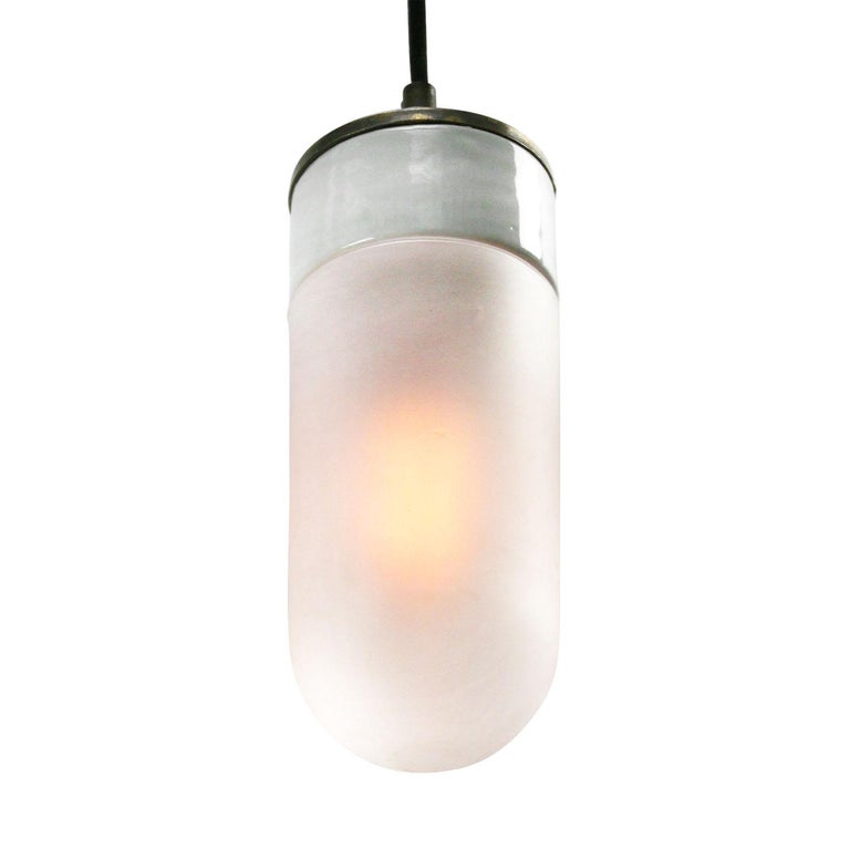 White Porcelain Frosted Glass Vintage Industrial Brass Pendant Lights In Good Condition For Sale In Amsterdam, NL