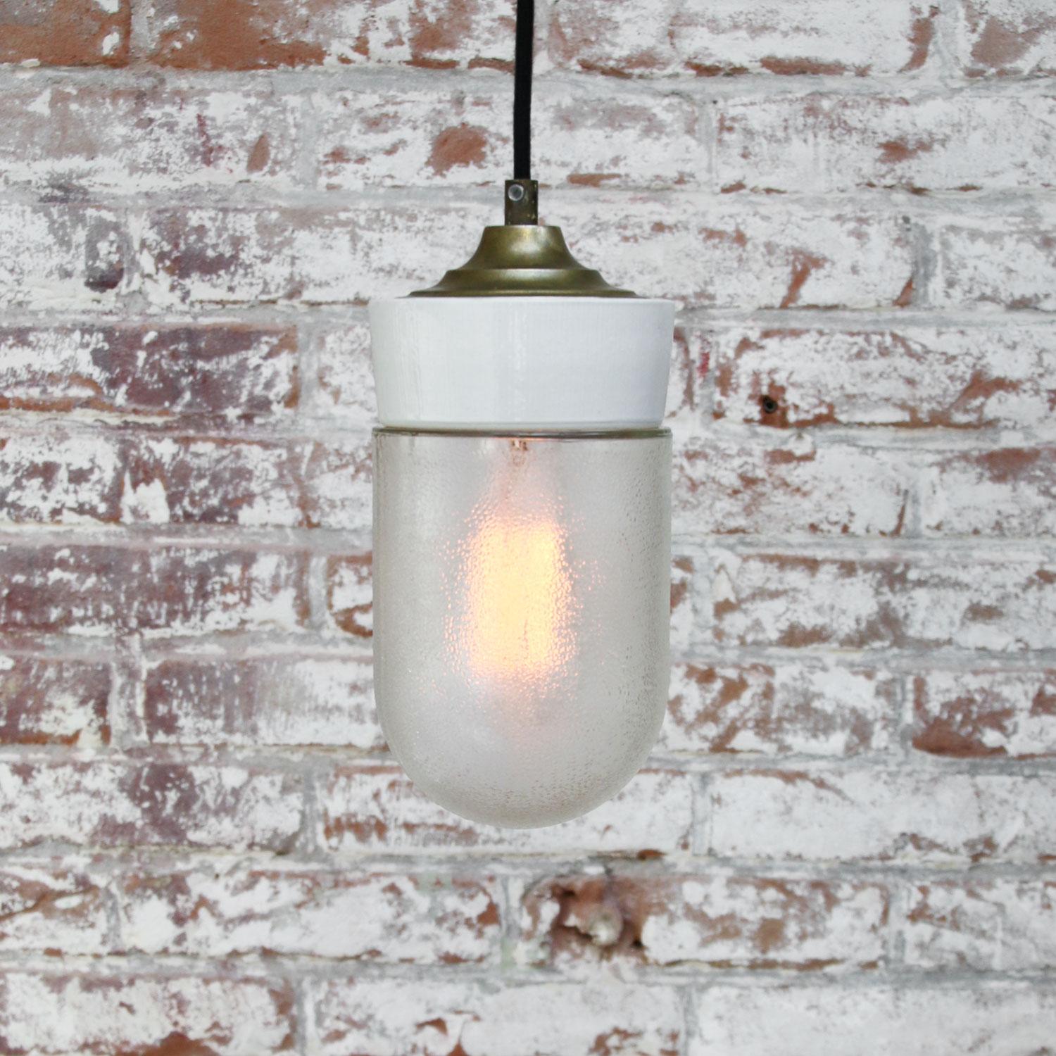 White Porcelain Frosted Glass Vintage Industrial Brass Pendant Lights In Good Condition In Amsterdam, NL