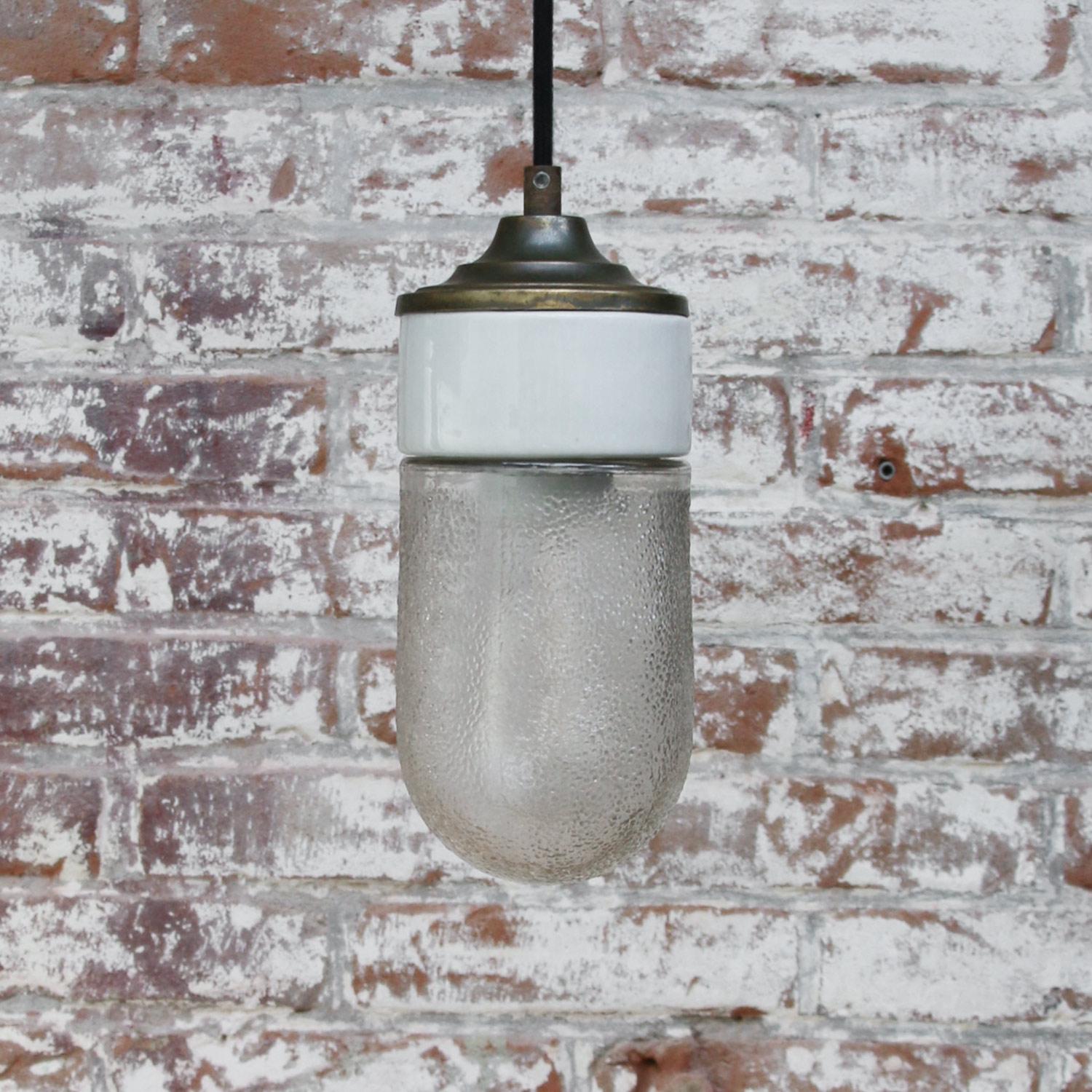 20th Century White Porcelain Frosted Glass Vintage Industrial Brass Pendant Lights