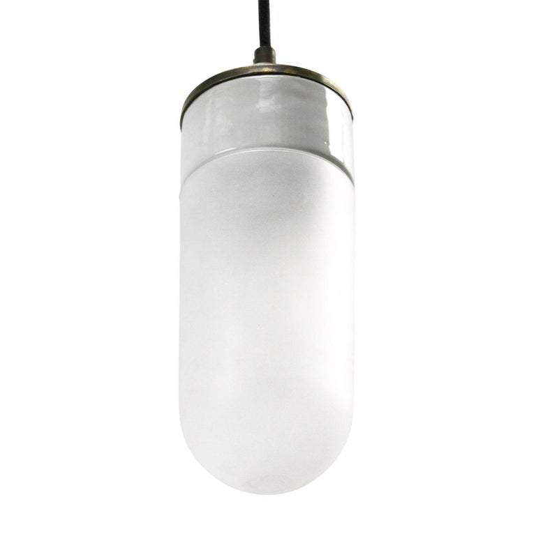 20th Century White Porcelain Frosted Glass Vintage Industrial Brass Pendant Lights For Sale