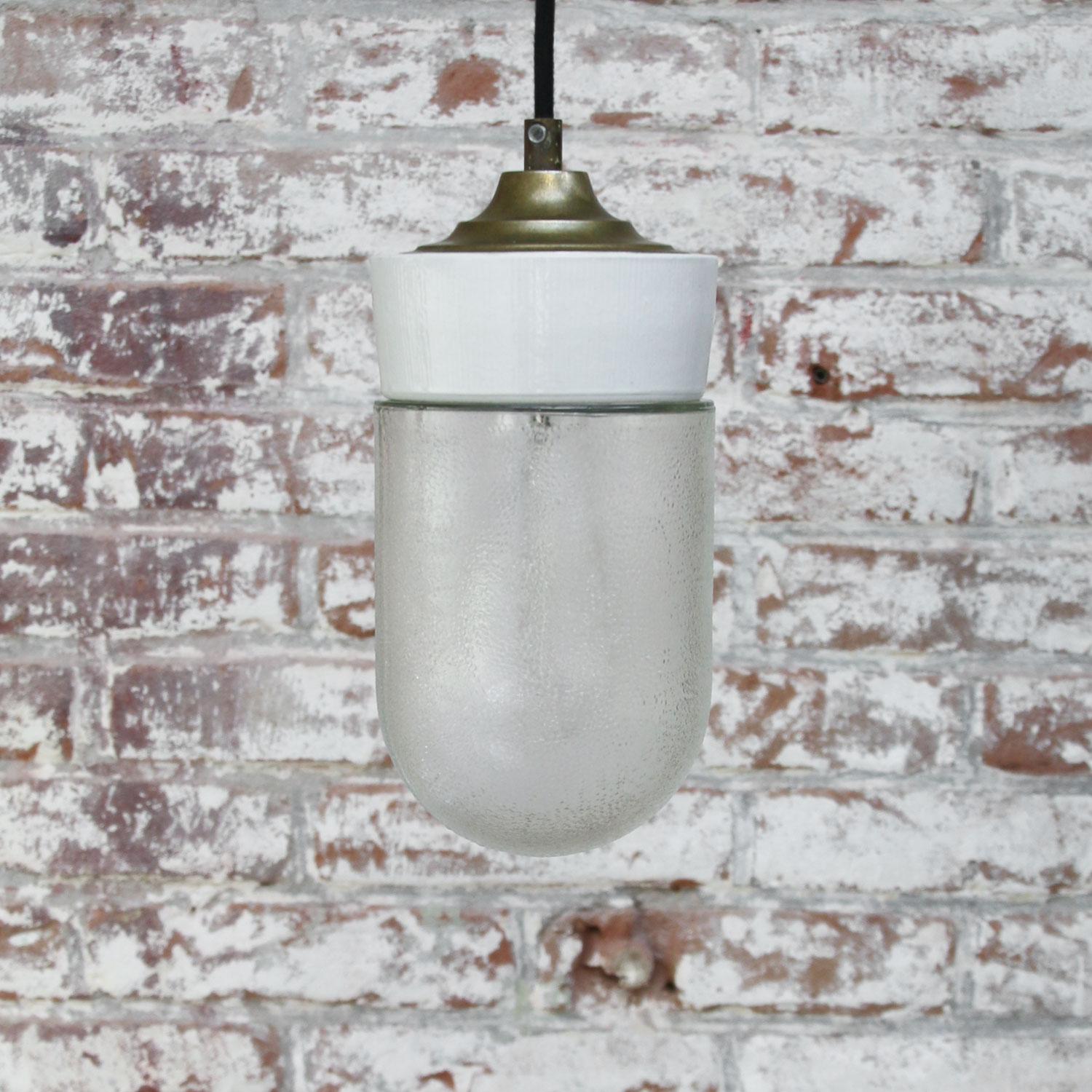 20th Century White Porcelain Frosted Glass Vintage Industrial Brass Pendant Lights