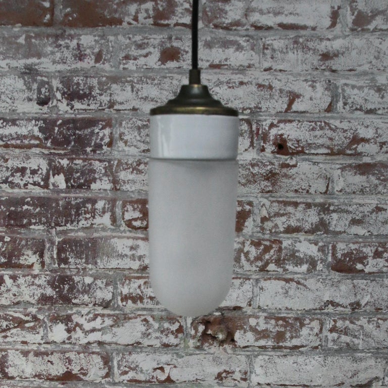 White Porcelain Frosted Glass Vintage Industrial Brass Pendant Lights For Sale 1