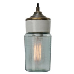 White Porcelain Green Striped Glass Vintage Industrial Brass Pendant Lights