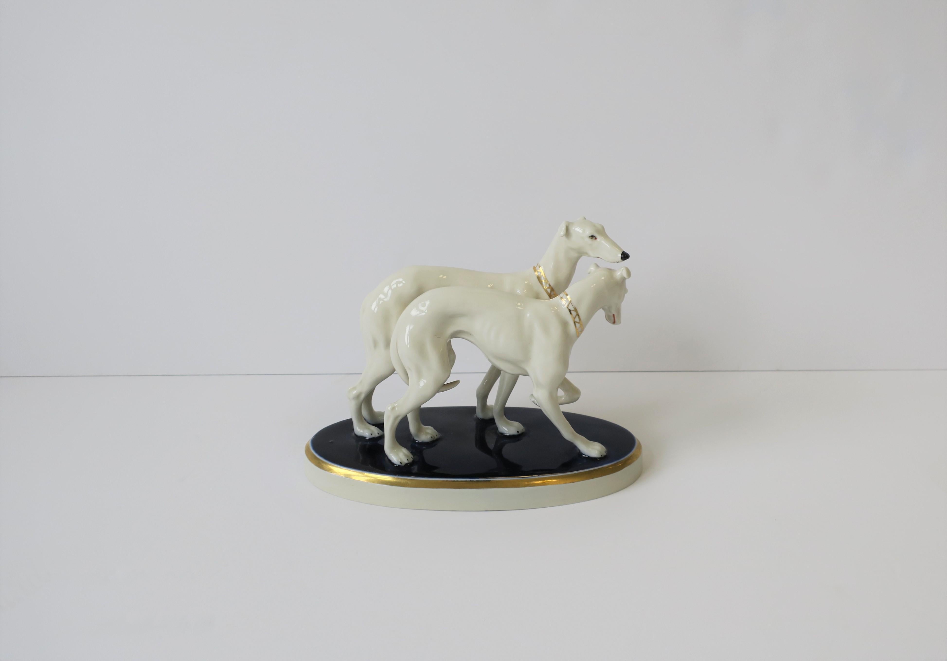 Czech Art Deco White Porcelain Greyhound Dogs Sculpture by Royal Dux Bohemia 