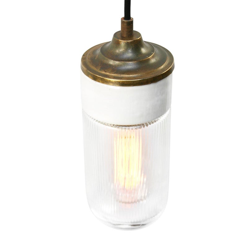 White Porcelain Holophane Striped Glass Vintage Industrial Brass Pendant Lights In Good Condition For Sale In Amsterdam, NL