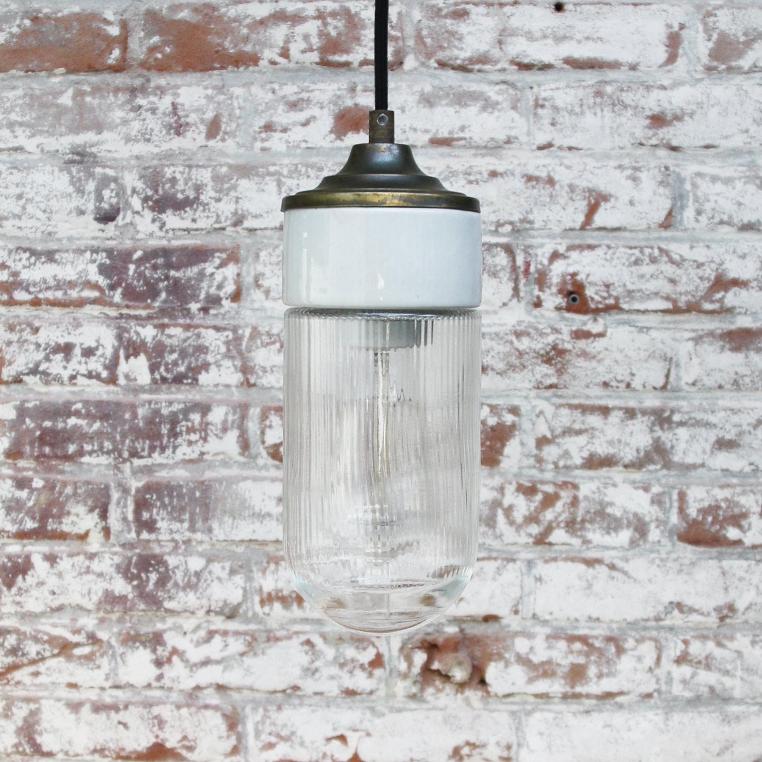 White Porcelain Holophane Striped Glass Vintage Industrial Brass Pendant Lights For Sale 1