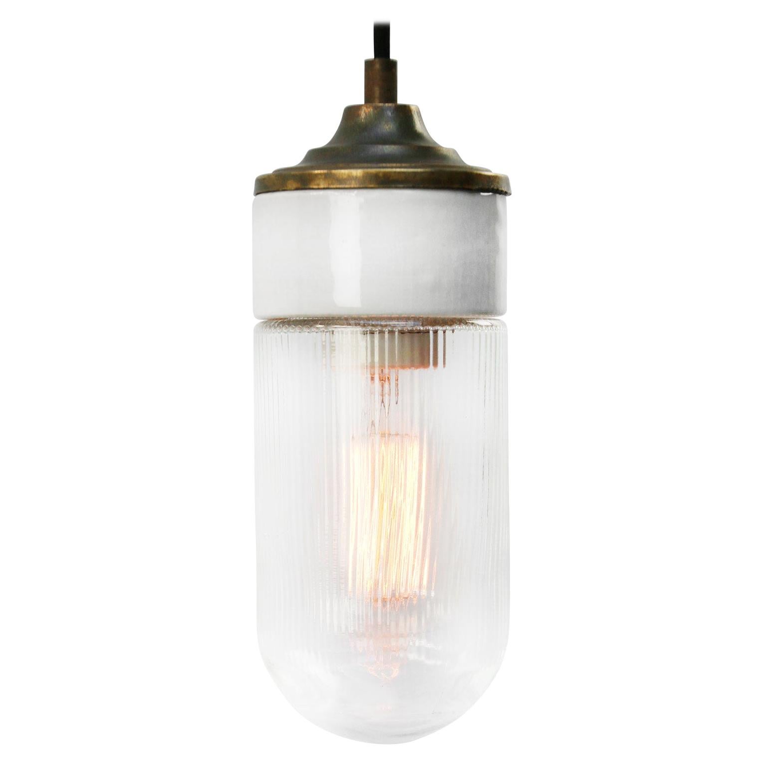 White Porcelain Holophane Striped Glass Vintage Industrial Brass Pendant Lights For Sale