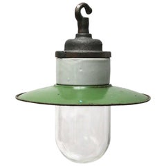 White Porcelain Industrial Cast Iron Green Enamel Clear Glass Hanging Light