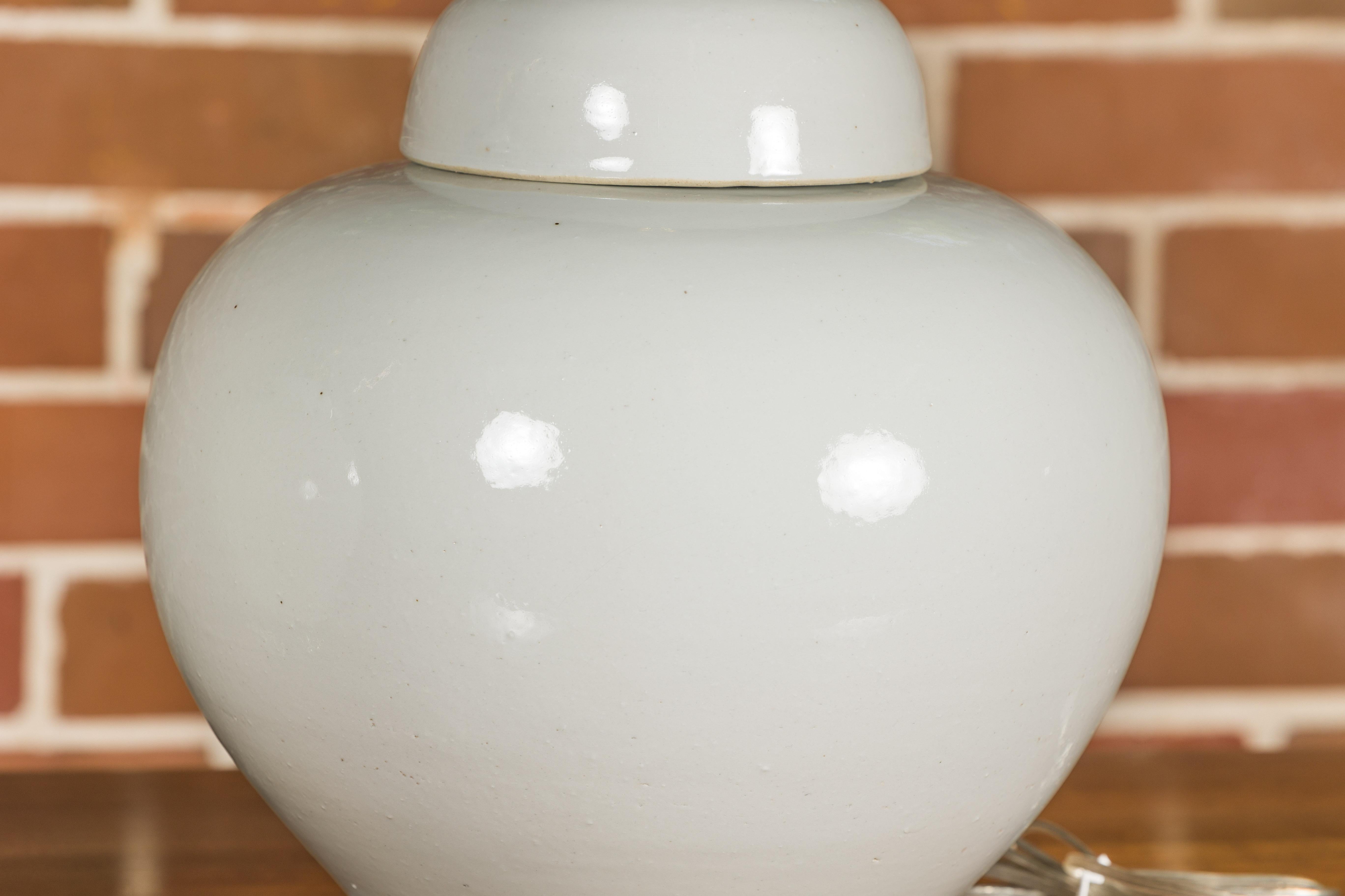 White Porcelain Lidded Urns Made into Wired Table Lamps on Lucite Bases, a Pair For Sale 8