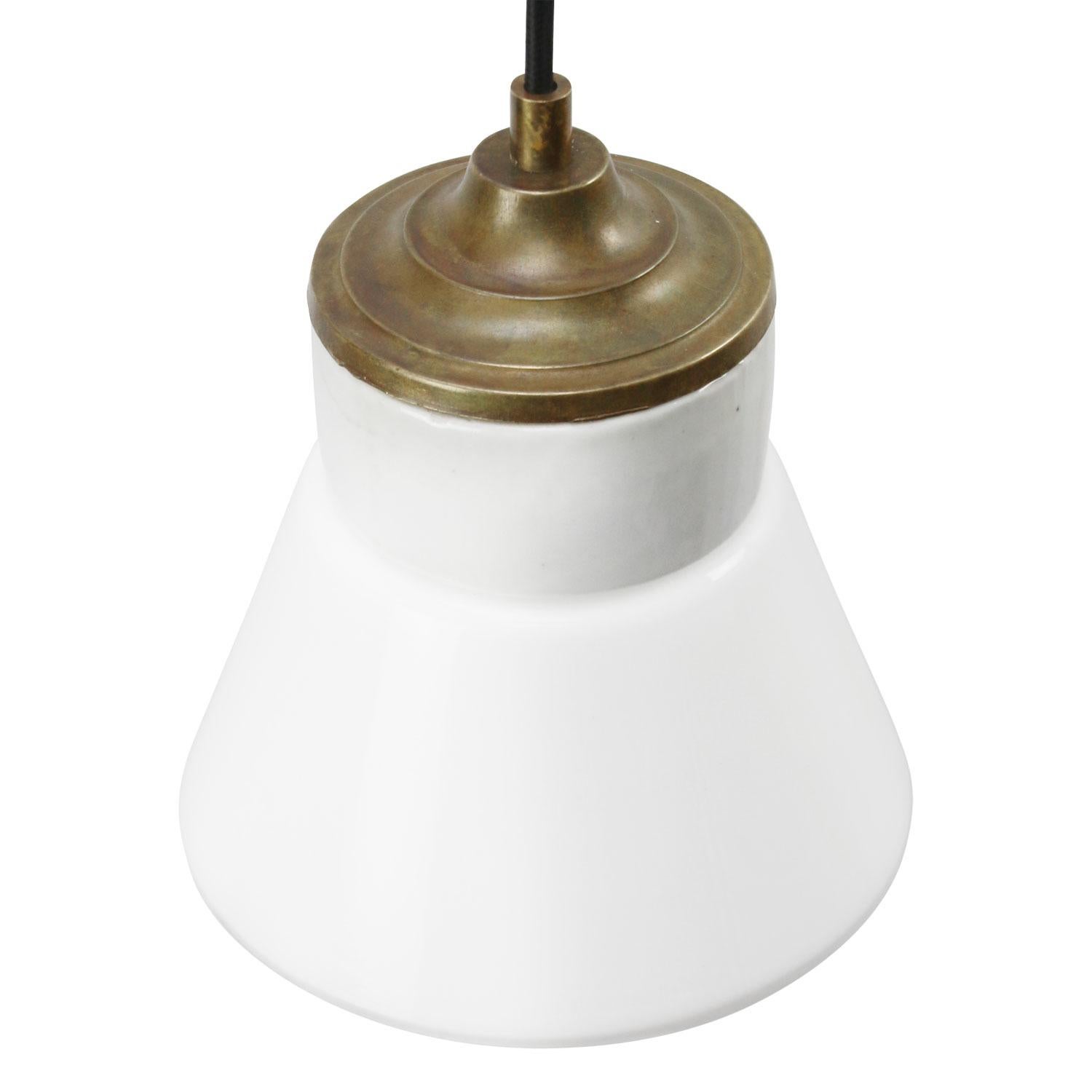 Dutch White Porcelain Opaline Glass Vintage Industrial Brass Pendant Lights