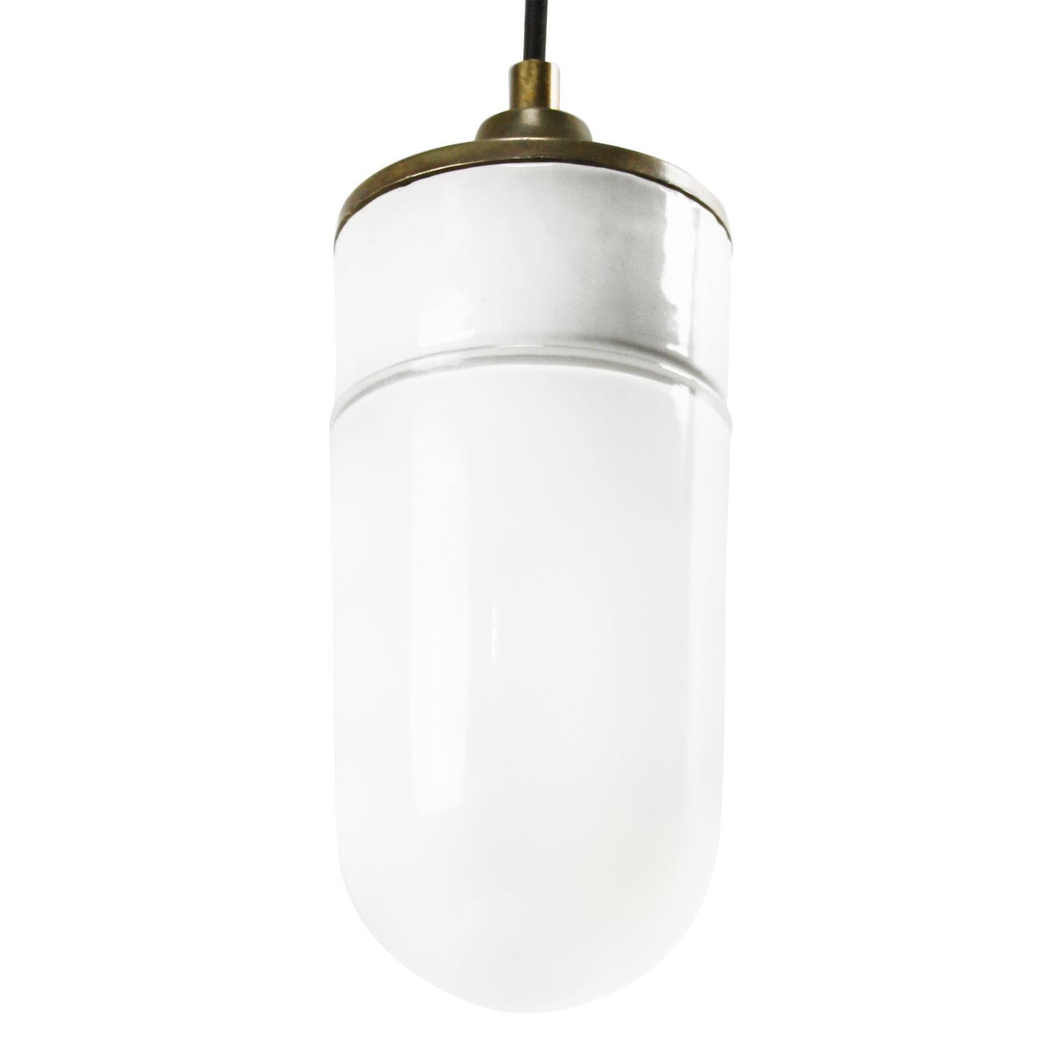 White Porcelain Opaline Glass Vintage Industrial Brass Pendant Lights In Excellent Condition In Amsterdam, NL