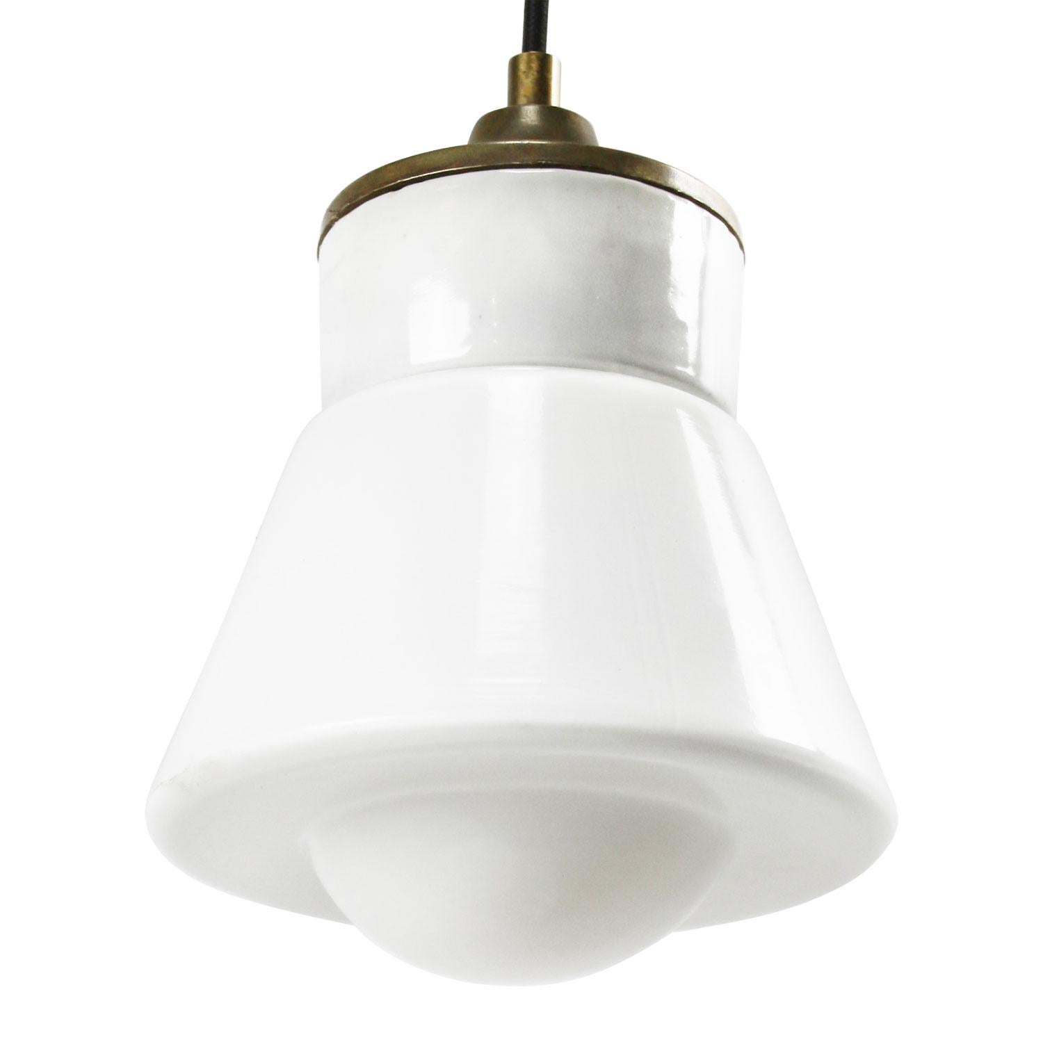 White Porcelain Opaline Glass Vintage Industrial Brass Pendant Lights In Excellent Condition In Amsterdam, NL