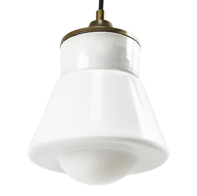 White Porcelain Opaline Glass Vintage Industrial Brass Pendant Lights In Excellent Condition For Sale In Amsterdam, NL