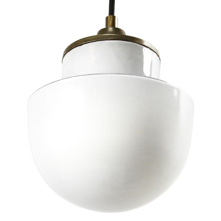 White Porcelain Opaline Glass Vintage Industrial Brass Pendant Lights In Excellent Condition For Sale In Amsterdam, NL