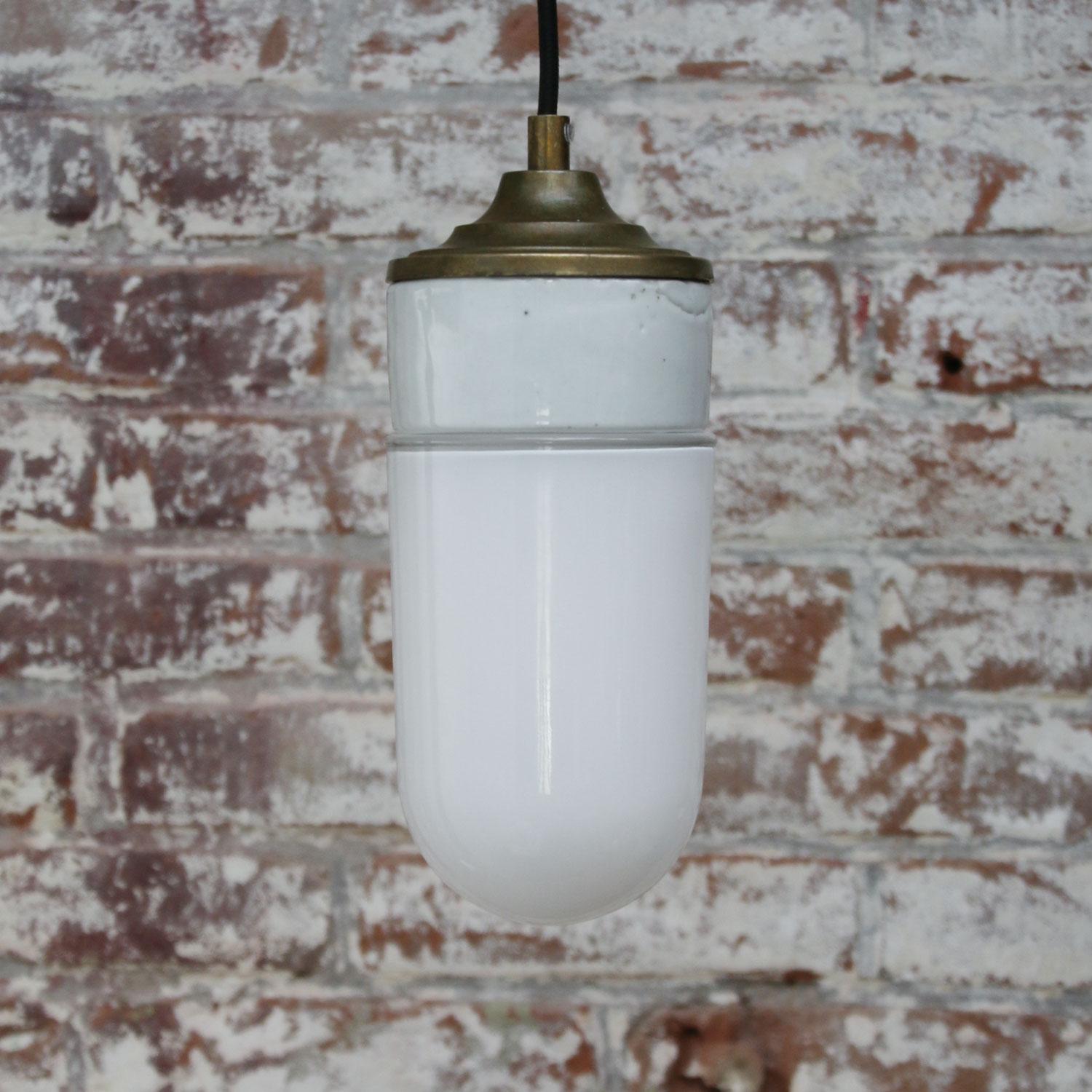 20th Century White Porcelain Opaline Glass Vintage Industrial Brass Pendant Lights