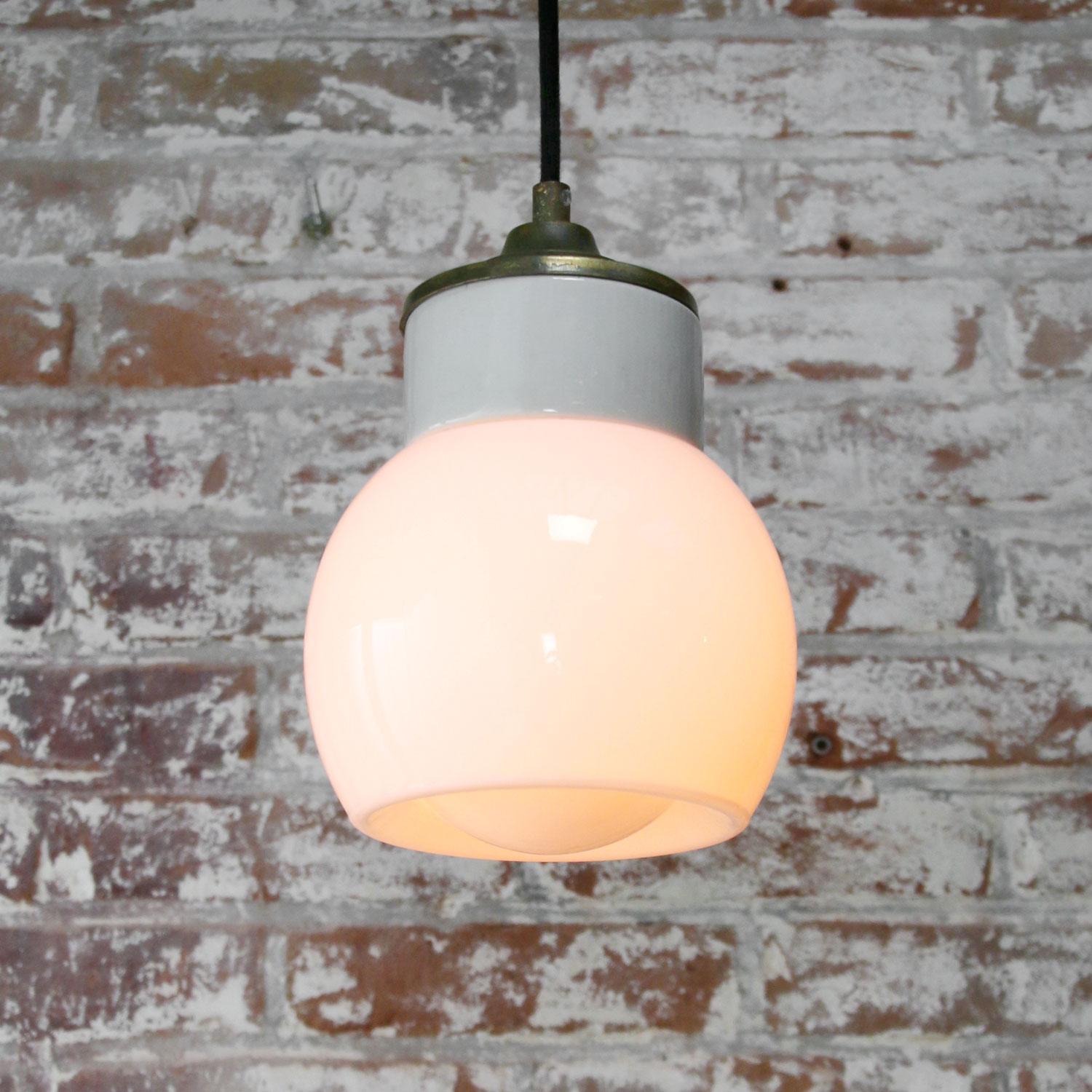 20th Century White Porcelain Opaline Glass Vintage Industrial Brass Pendant Lights For Sale