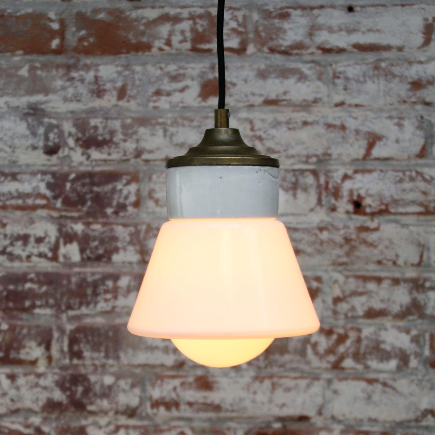 20th Century White Porcelain Opaline Glass Vintage Industrial Brass Pendant Lights